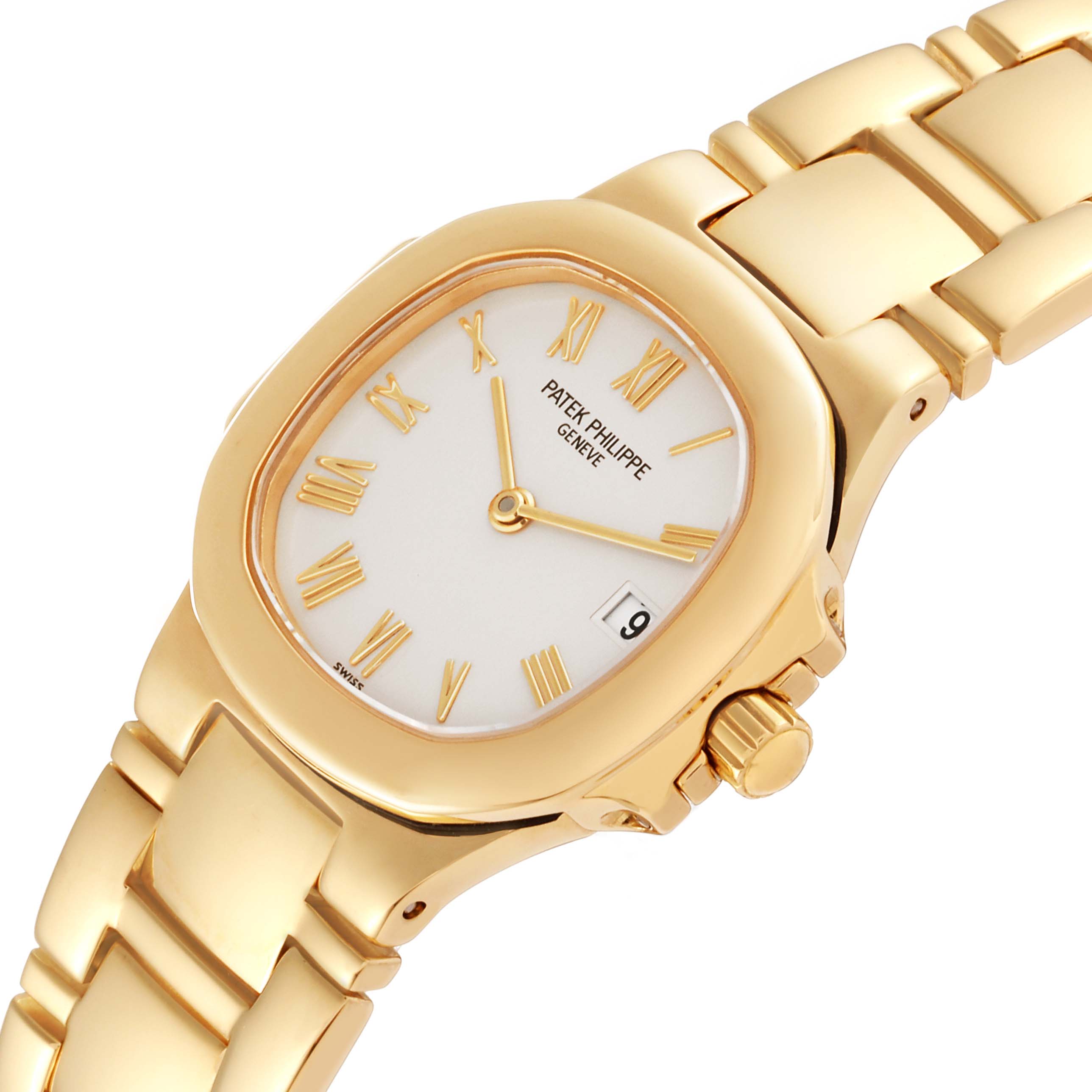The image shows a gold Patek Philippe Nautilus 4700/051 Women's Yellow Gold White Dial 4700/051 Women's Yellow Gold White Dial watch from an upper diagonal angle, highlighting its face, bezel, and bracelet.