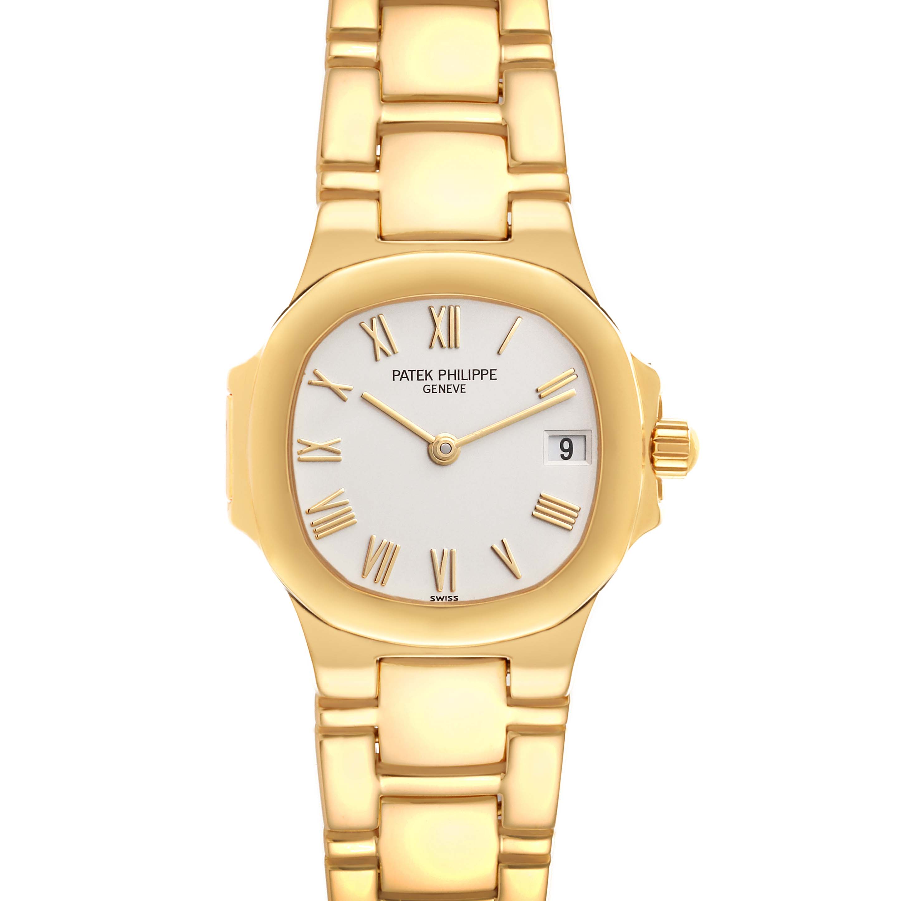 This image shows a front view of a Patek Philippe Nautilus 4700/051 Women's Yellow Gold White Dial 4700/051 Women's Yellow Gold White Dial model watch, highlighting the dial, bracelet, and date display.