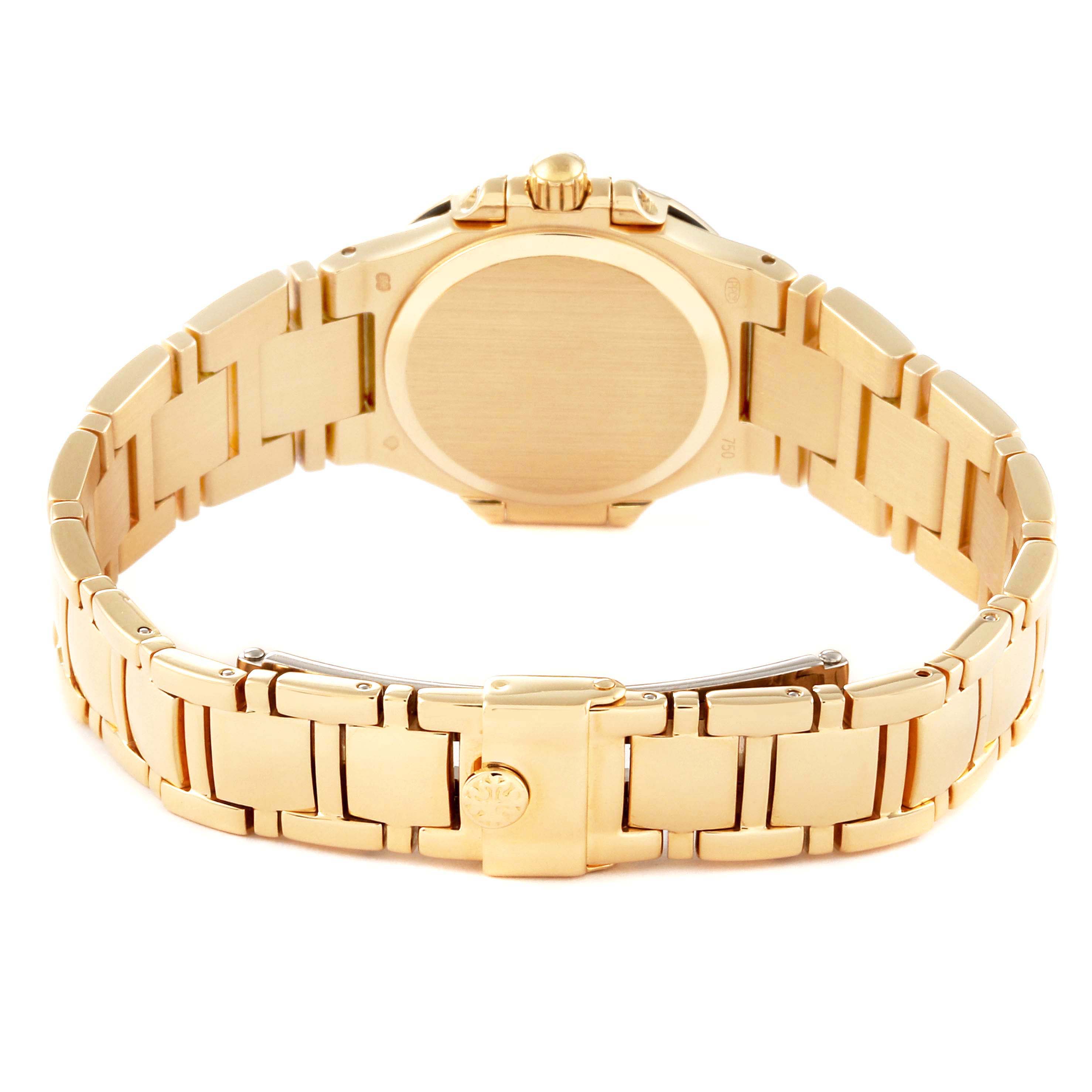 The image shows the back view and band of a gold Patek Philippe Nautilus 4700/051 Women's Yellow Gold White Dial 4700/051 Women's Yellow Gold White Dial watch.