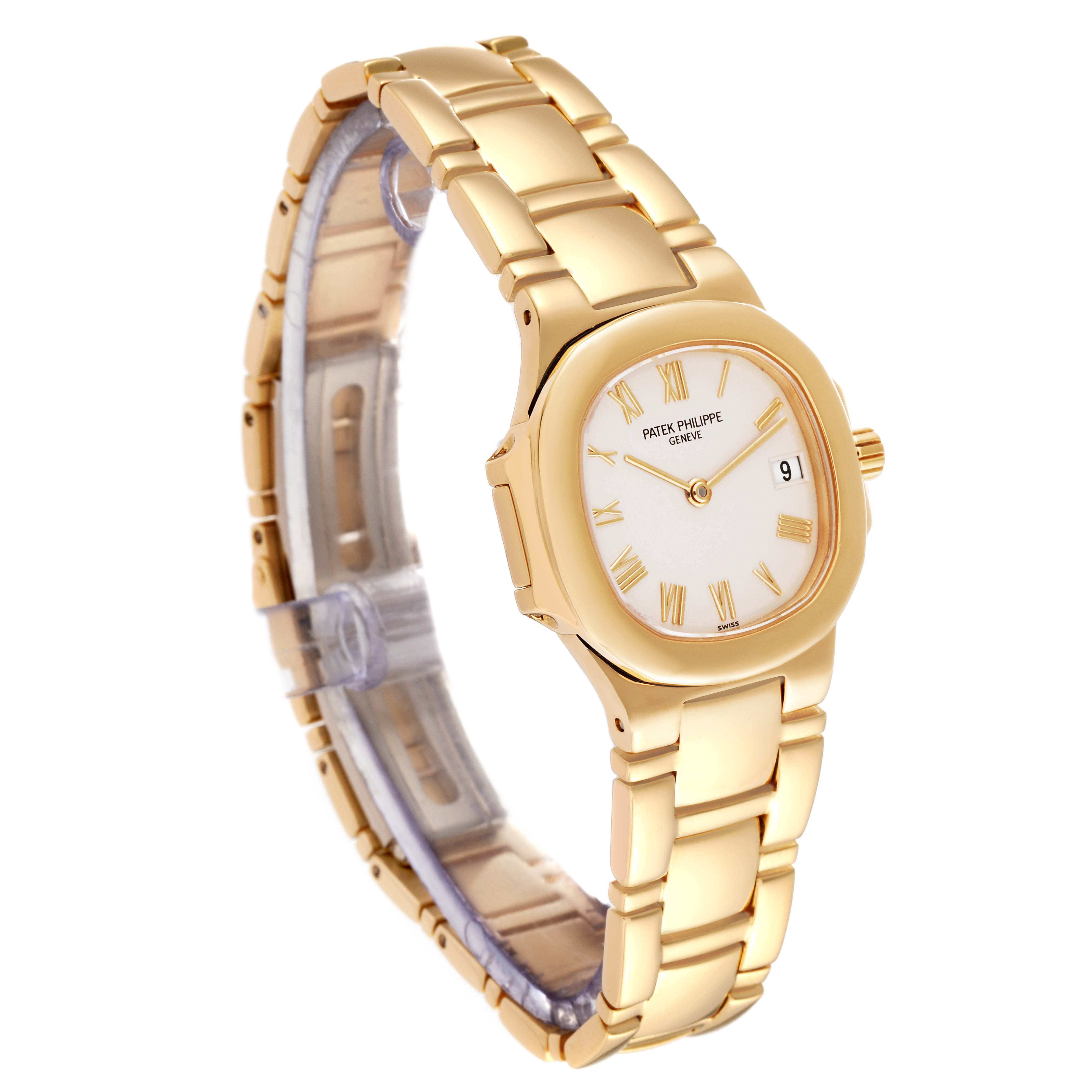 The image shows a Patek Philippe Nautilus 4700/051 Women's Yellow Gold White Dial 4700/051 Women's Yellow Gold White Dial watch at an oblique angle, highlighting its gold bracelet, white dial, and date function.