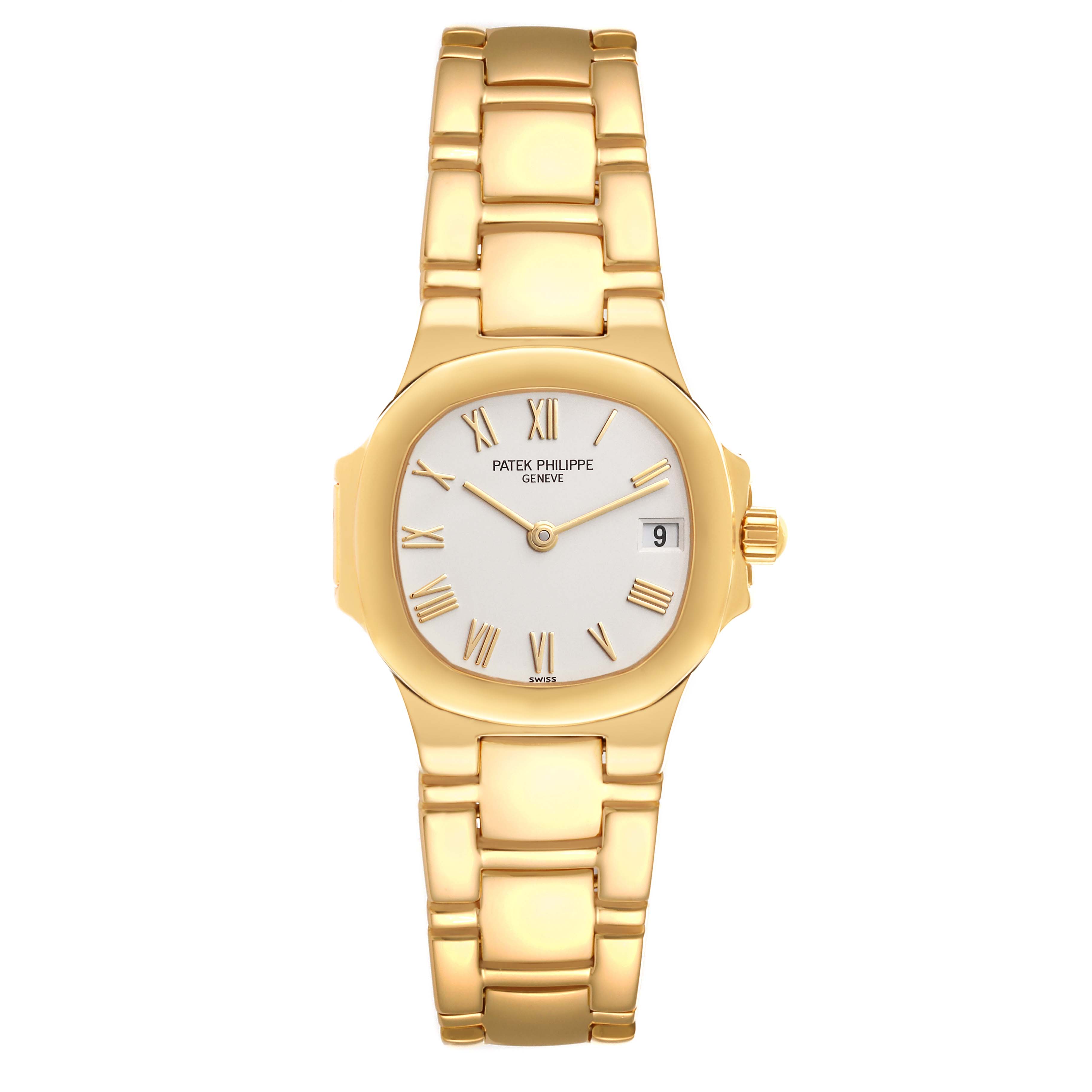 The image shows a full, front-facing view of a Patek Philippe Nautilus 4700/051 Women's Yellow Gold White Dial 4700/051 Women's Yellow Gold White Dial watch, including the face, bracelet, and crown.
