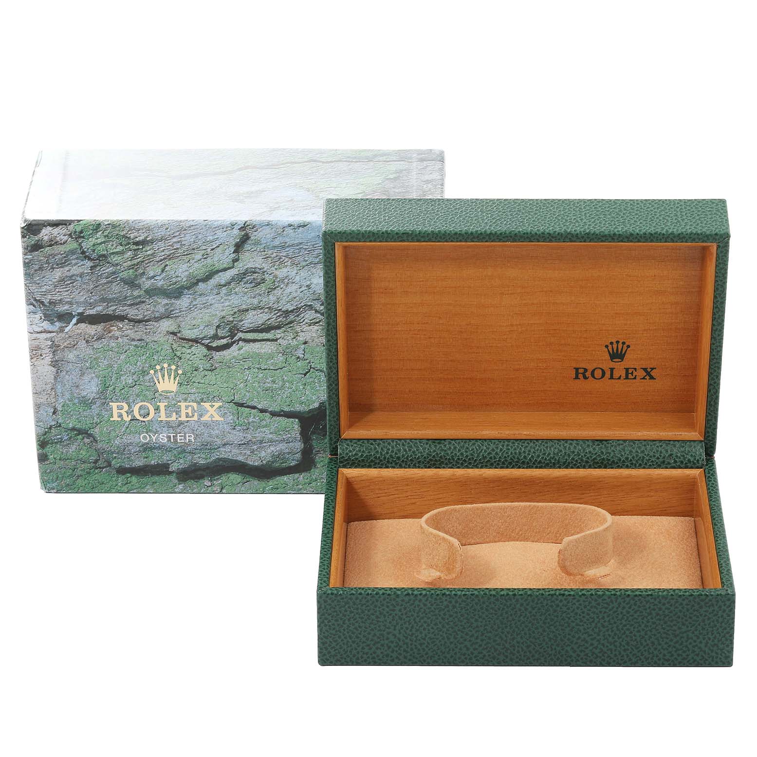 The image shows an open Rolex Air-King 14010 Men's Stainless Steel Blue Dial 14010 Men's Stainless Steel Blue Dial watch box with the lid and interior visible.