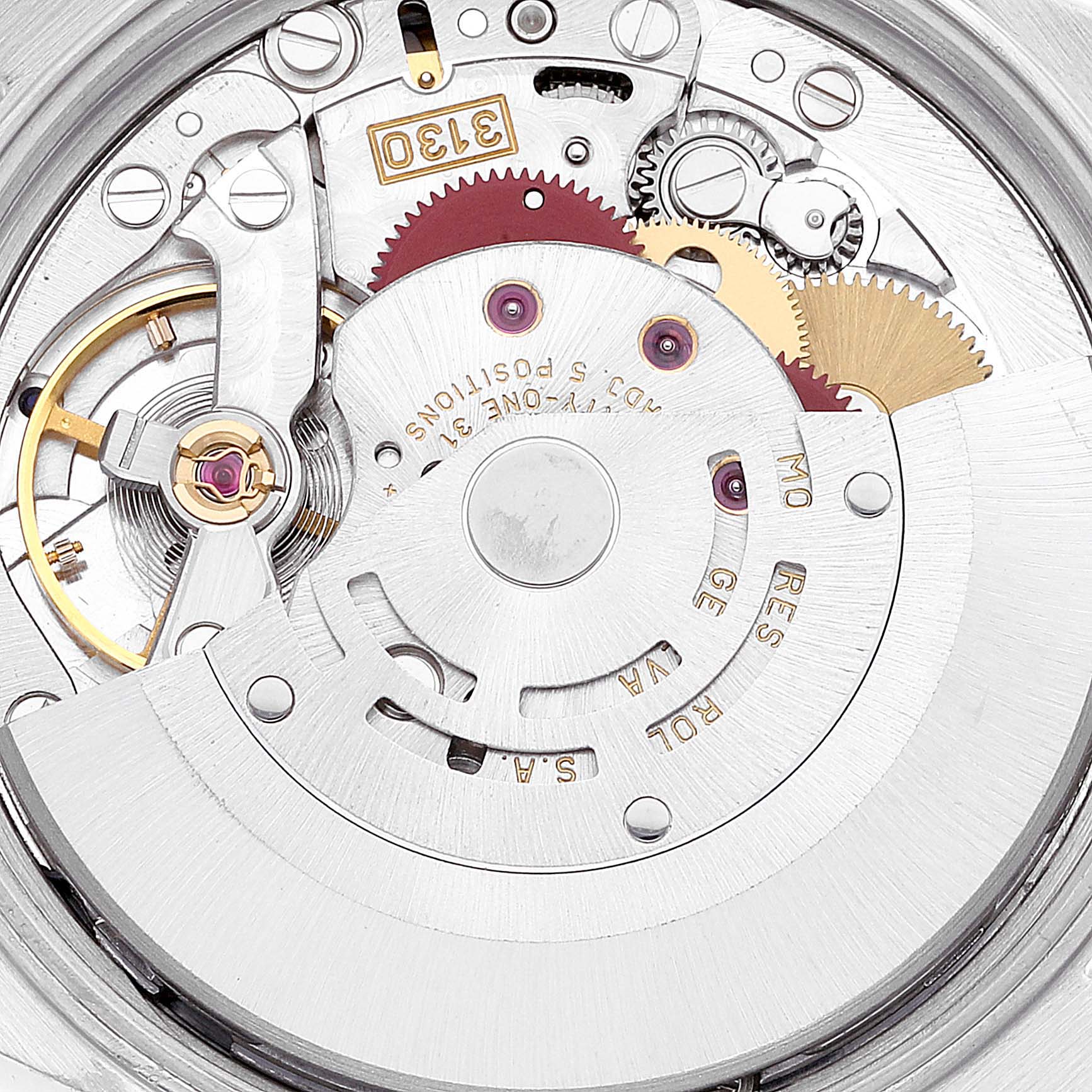 This image shows the intricate internal mechanism of the Rolex Air-King 14010 Men's Stainless Steel Blue Dial 14010 Men's Stainless Steel Blue Dial watch, including gears, rotors, and engravings.
