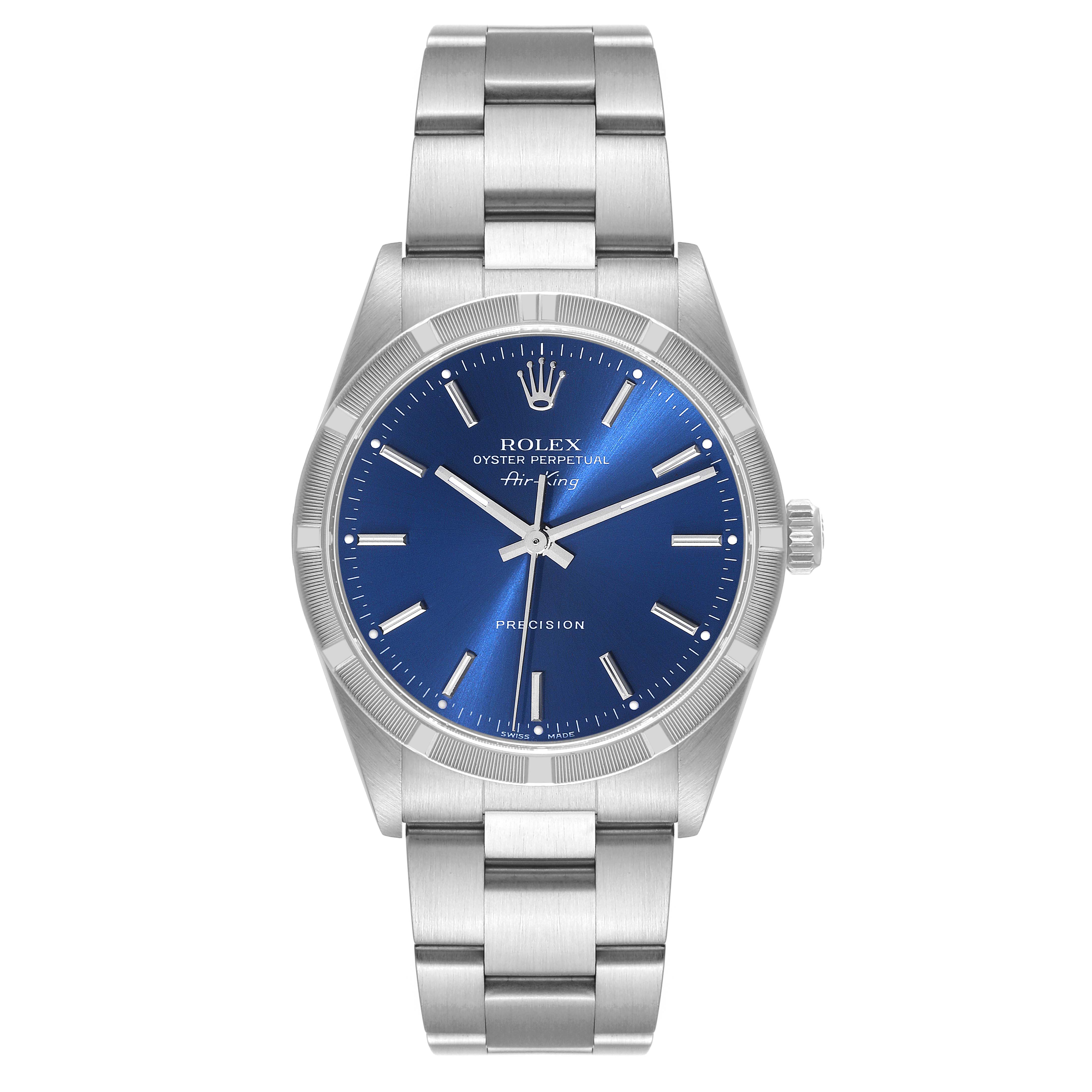 The Rolex Air-King 14010 Men's Stainless Steel Blue Dial 14010 Men's Stainless Steel Blue Dial watch is shown from a front angle, displaying the dial, bezel, crown, and bracelet.