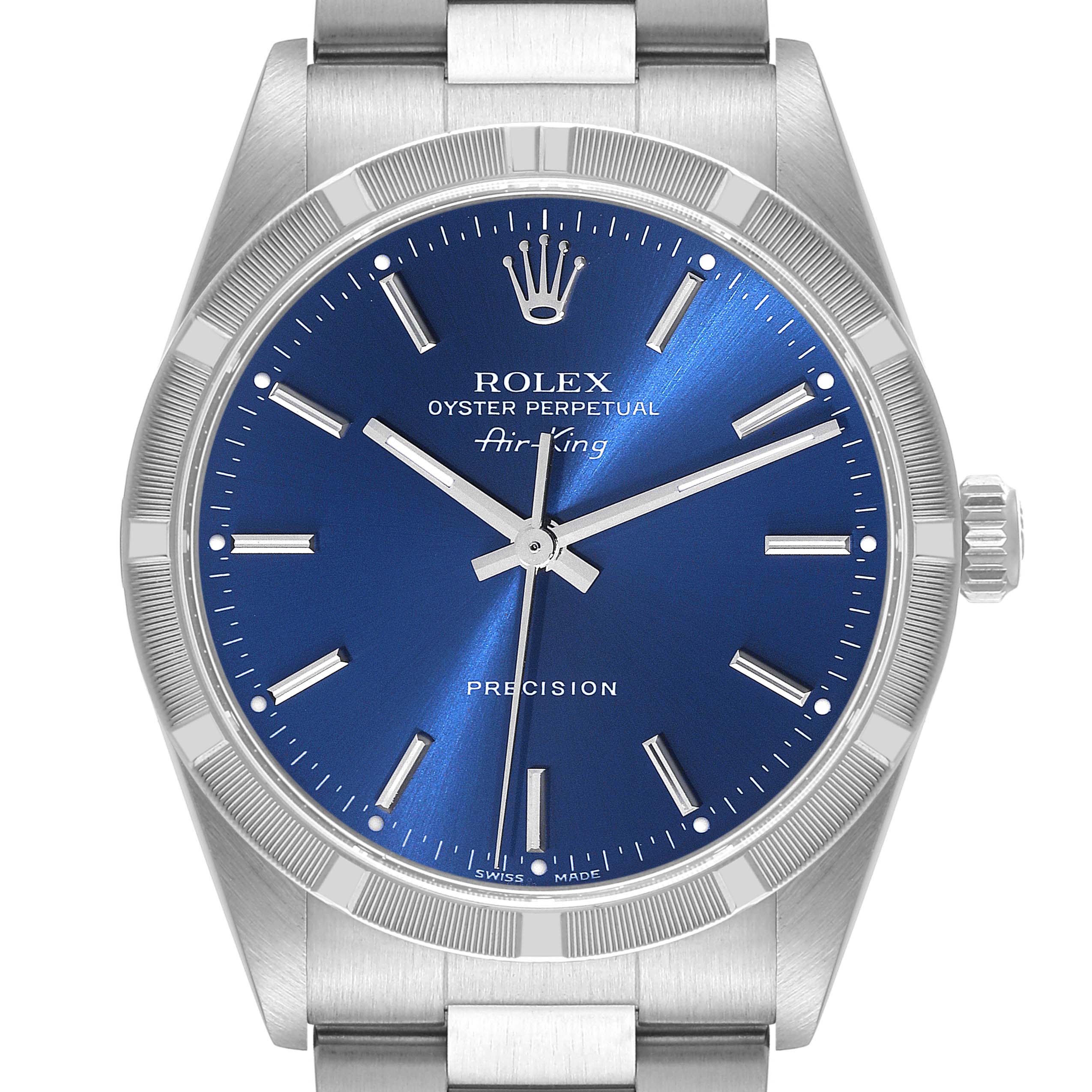 This image shows the front view of a Rolex Air-King 14010 Men's Stainless Steel Blue Dial 14010 Men's Stainless Steel Blue Dial watch, displaying its blue dial, hour markers, hands, crown, and part of the bracelet.