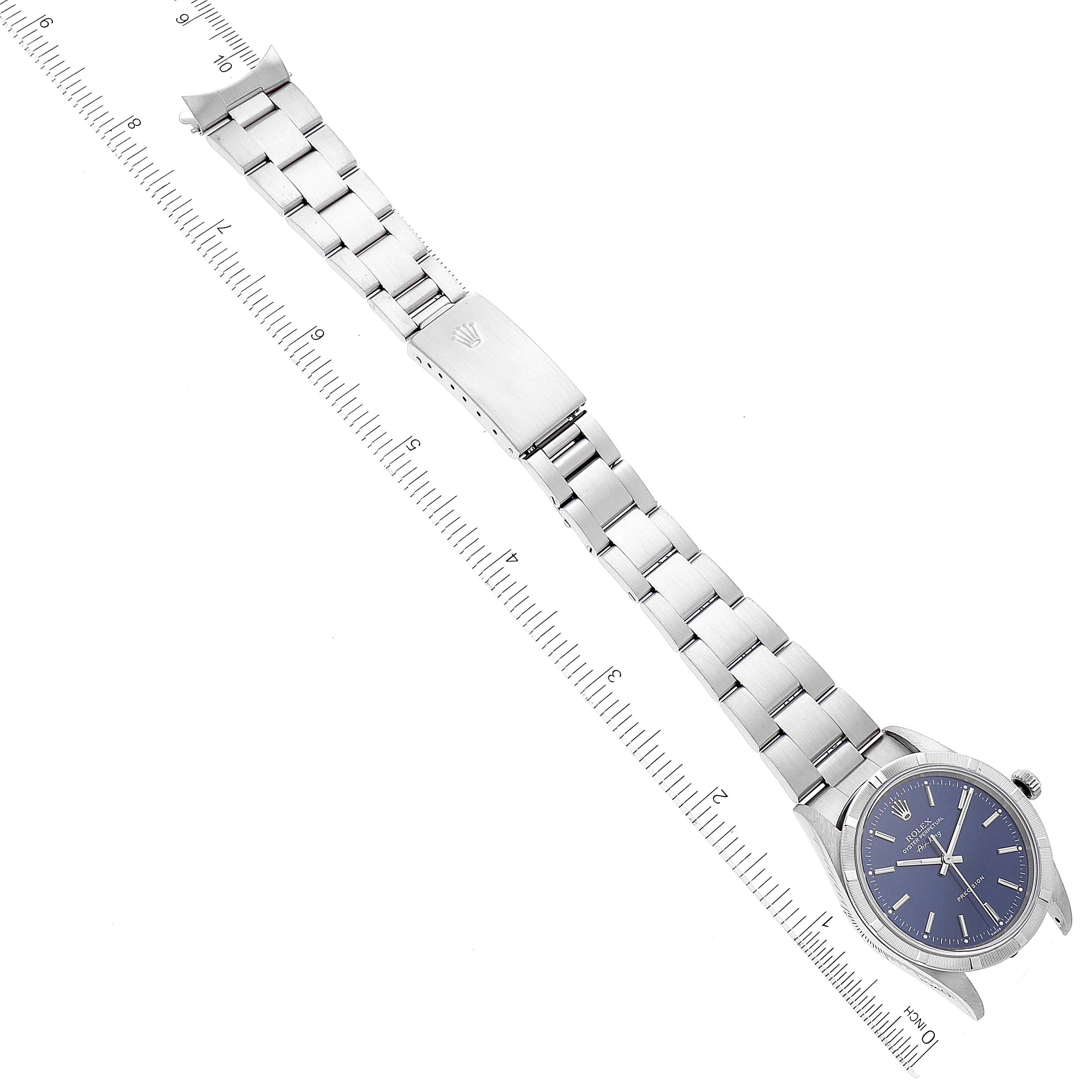The Rolex Air-King 14010 Men's Stainless Steel Blue Dial 14010 Men's Stainless Steel Blue Dial watch is shown laid flat, displaying its full bracelet, clasp, and face from above.
