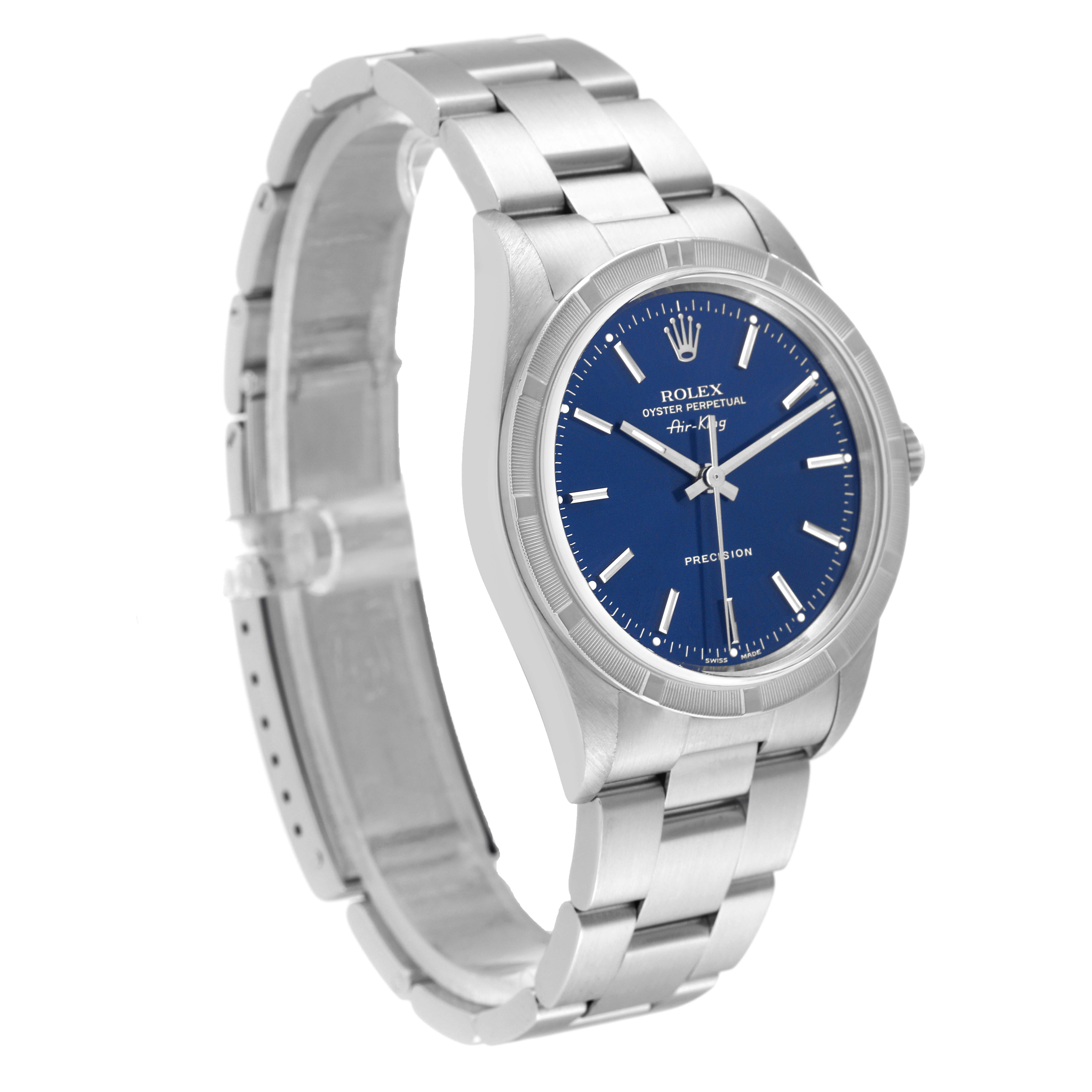 The Rolex Air-King 14010 Men's Stainless Steel Blue Dial 14010 Men's Stainless Steel Blue Dial watch is shown at a three-quarter angle, highlighting its blue dial, stainless steel case, and bracelet.