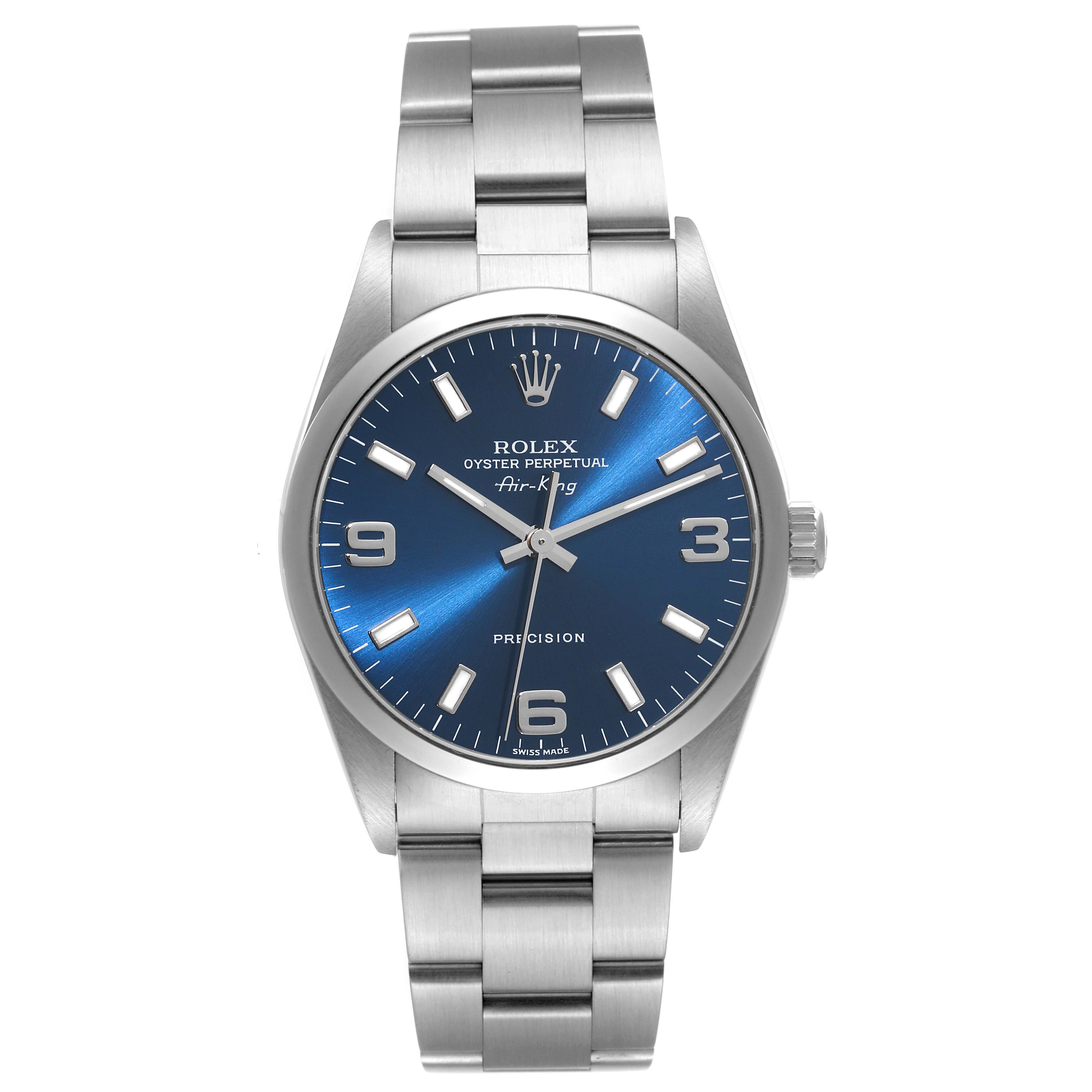 The image shows a front view of the Rolex Air-King 14000 Men's Stainless Steel Blue Dial 14000 Men's Stainless Steel Blue Dial watch, featuring its blue dial, hour markers, and stainless steel bracelet.