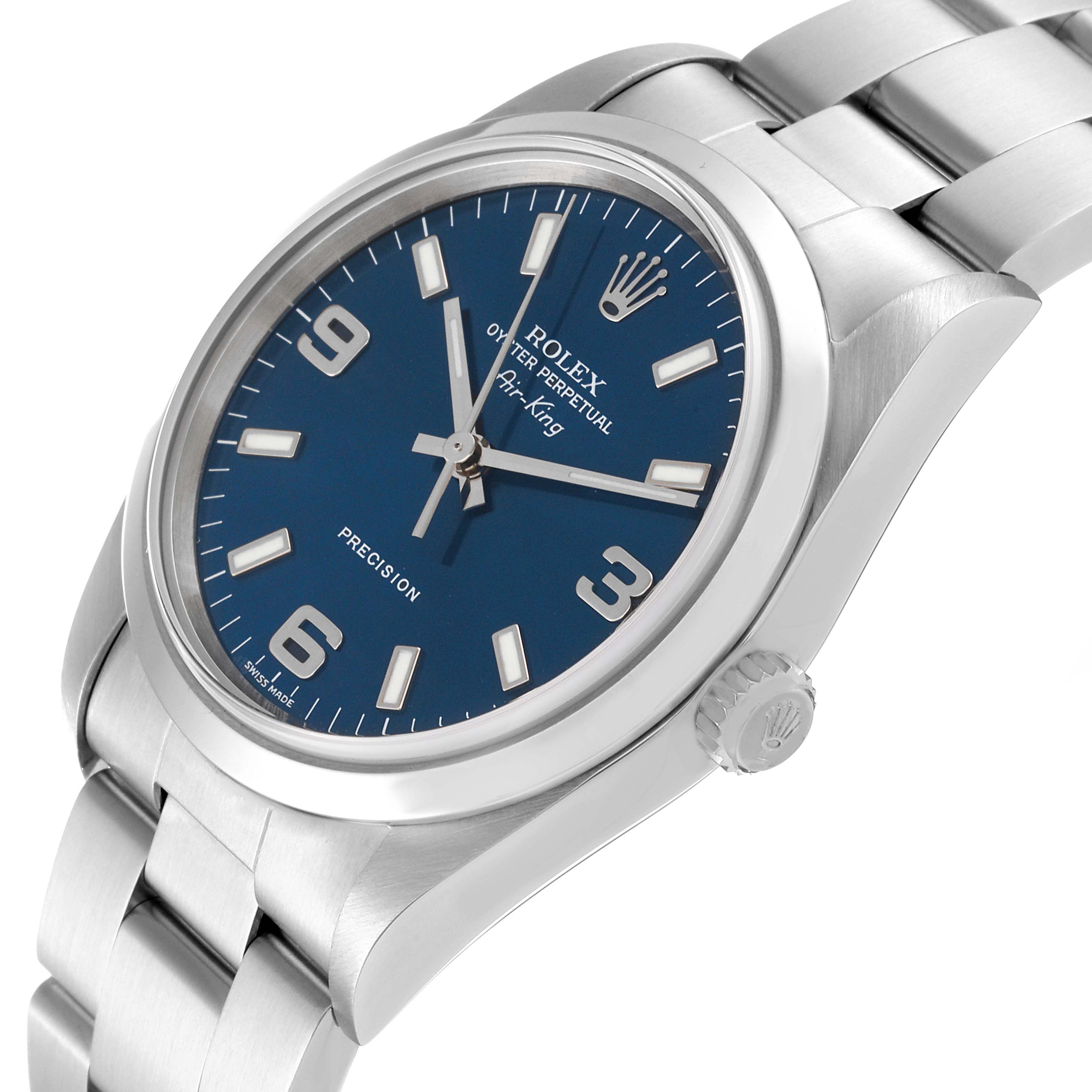 The Rolex Air-King 14000 Men's Stainless Steel Blue Dial 14000 Men's Stainless Steel Blue Dial watch is shown from a front and slightly tilted side angle, highlighting its dial, bezel, case, bracelet, and crown.