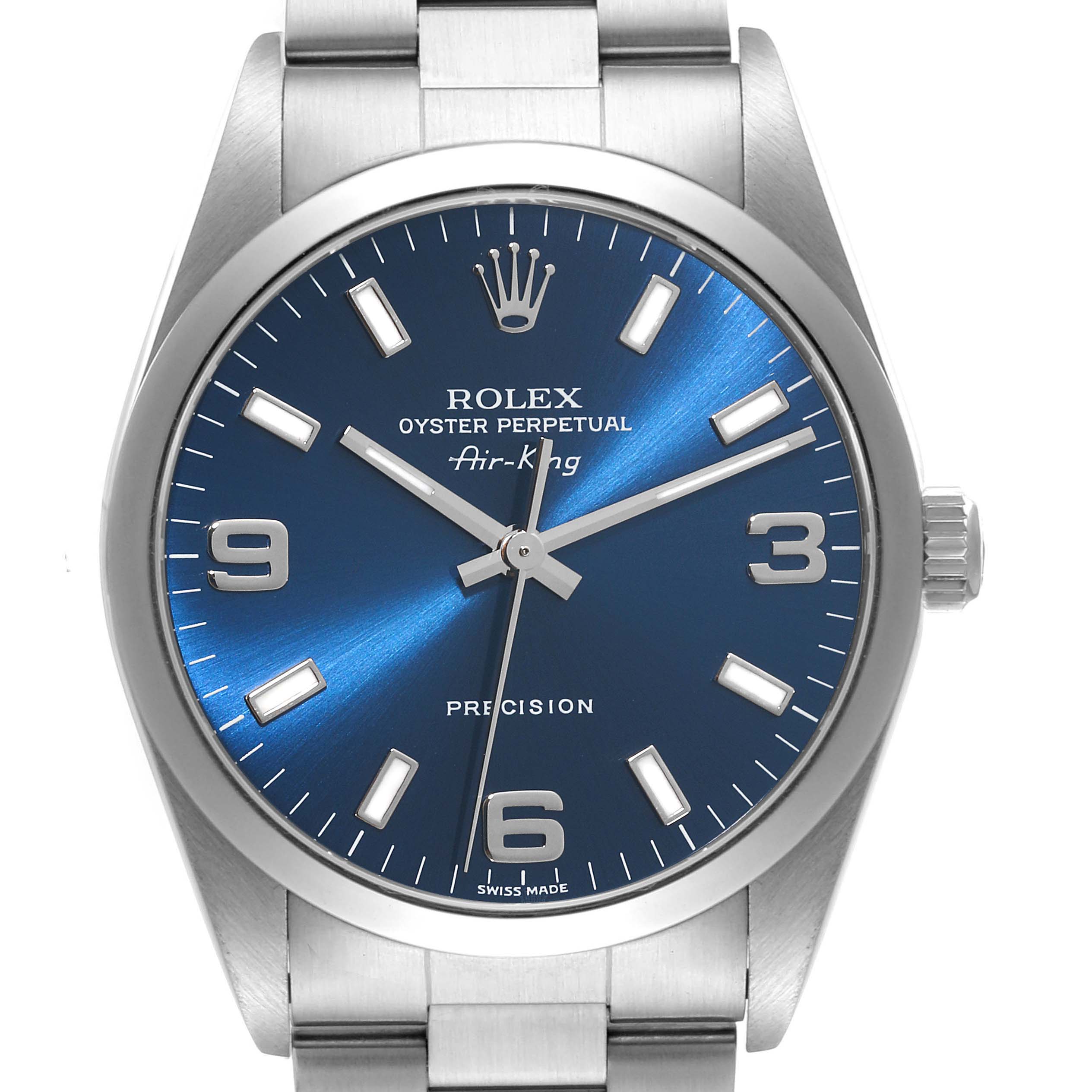 The image shows a front view of the Rolex Air-King 14000 Men's Stainless Steel Blue Dial 14000 Men's Stainless Steel Blue Dial watch, highlighting its dial, hour markers, hands, and part of the bracelet.