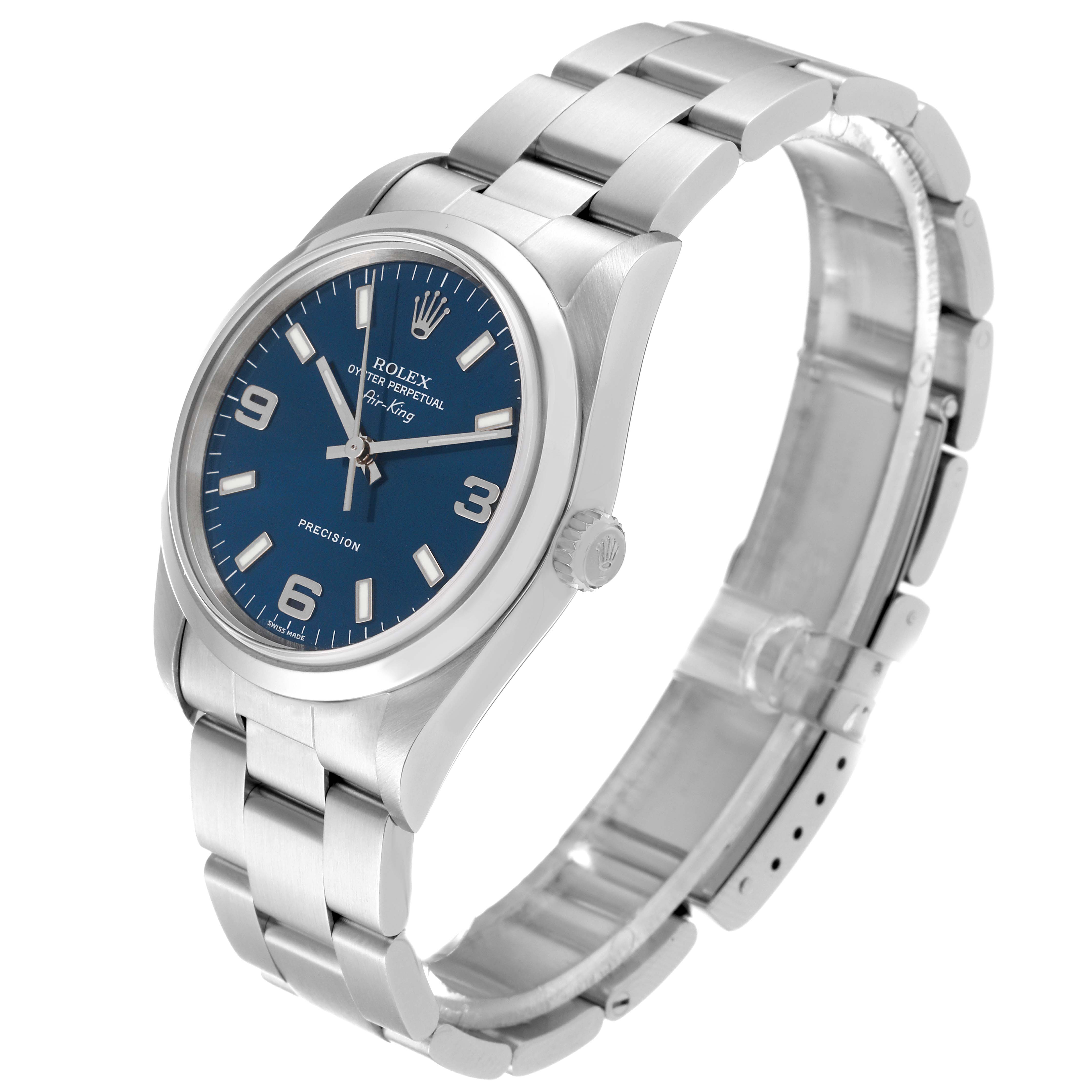 The Rolex Air-King 14000 Men's Stainless Steel Blue Dial 14000 Men's Stainless Steel Blue Dial watch is displayed at a three-quarter angle, showing the face, bezel, crown, and bracelet.