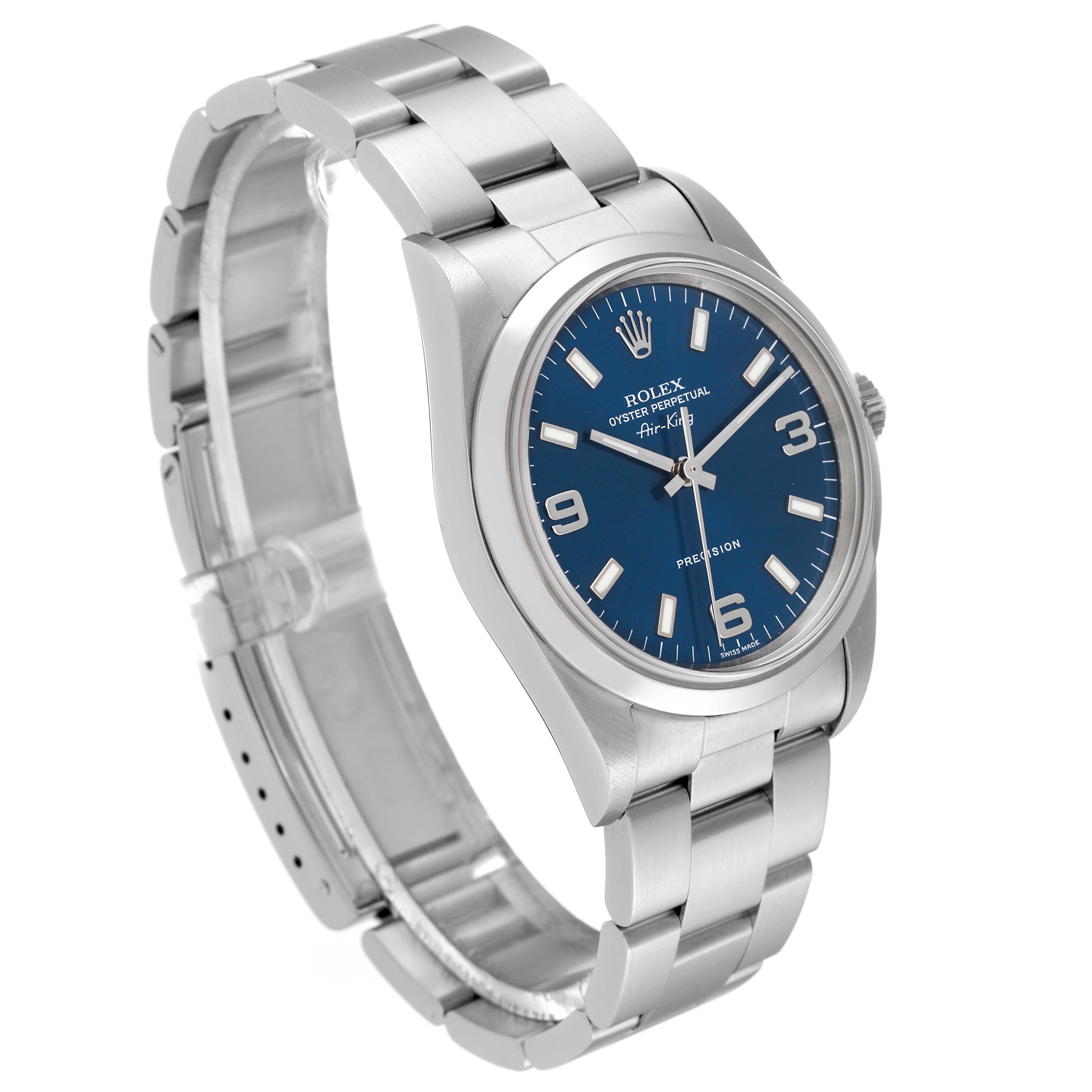 This image shows a Rolex Air-King 14000 Men's Stainless Steel Blue Dial 14000 Men's Stainless Steel Blue Dial watch at a three-quarter angle highlighting its metallic bracelet and blue dial.
