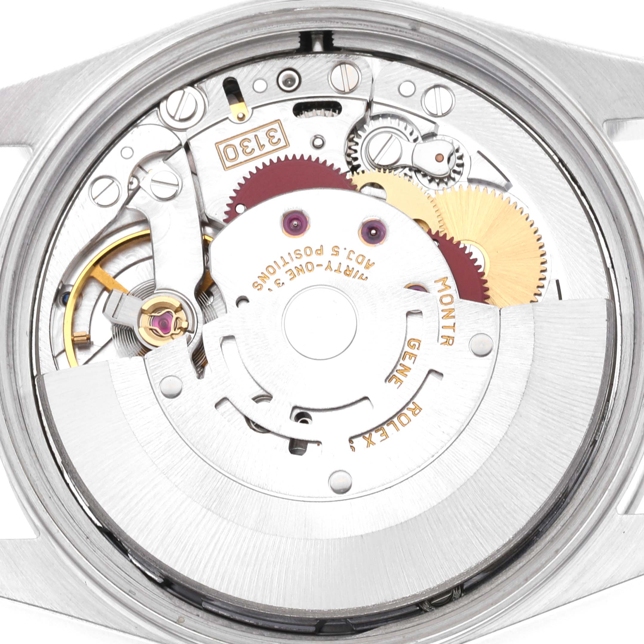 The image shows a detailed view of the inner mechanical movement of the Rolex Air-King 14000 Men's Stainless Steel Blue Dial 14000 Men's Stainless Steel Blue Dial watch from a top-down angle.