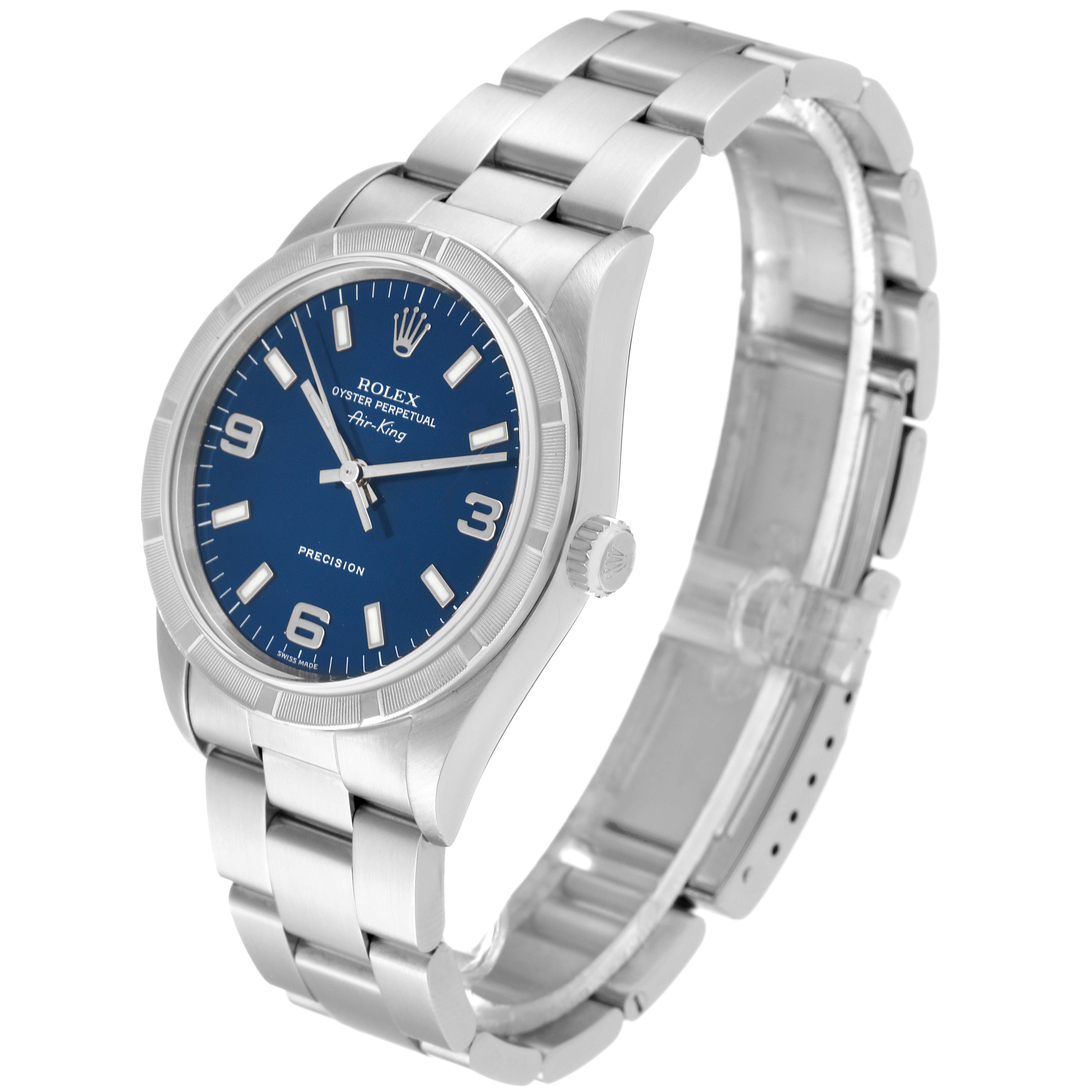 The Rolex Air-King 14010 Men's Stainless Steel Blue Dial 14010 Men's Stainless Steel Blue Dial watch is shown at a three-quarter angle, displaying its face, bracelet, and clasp.