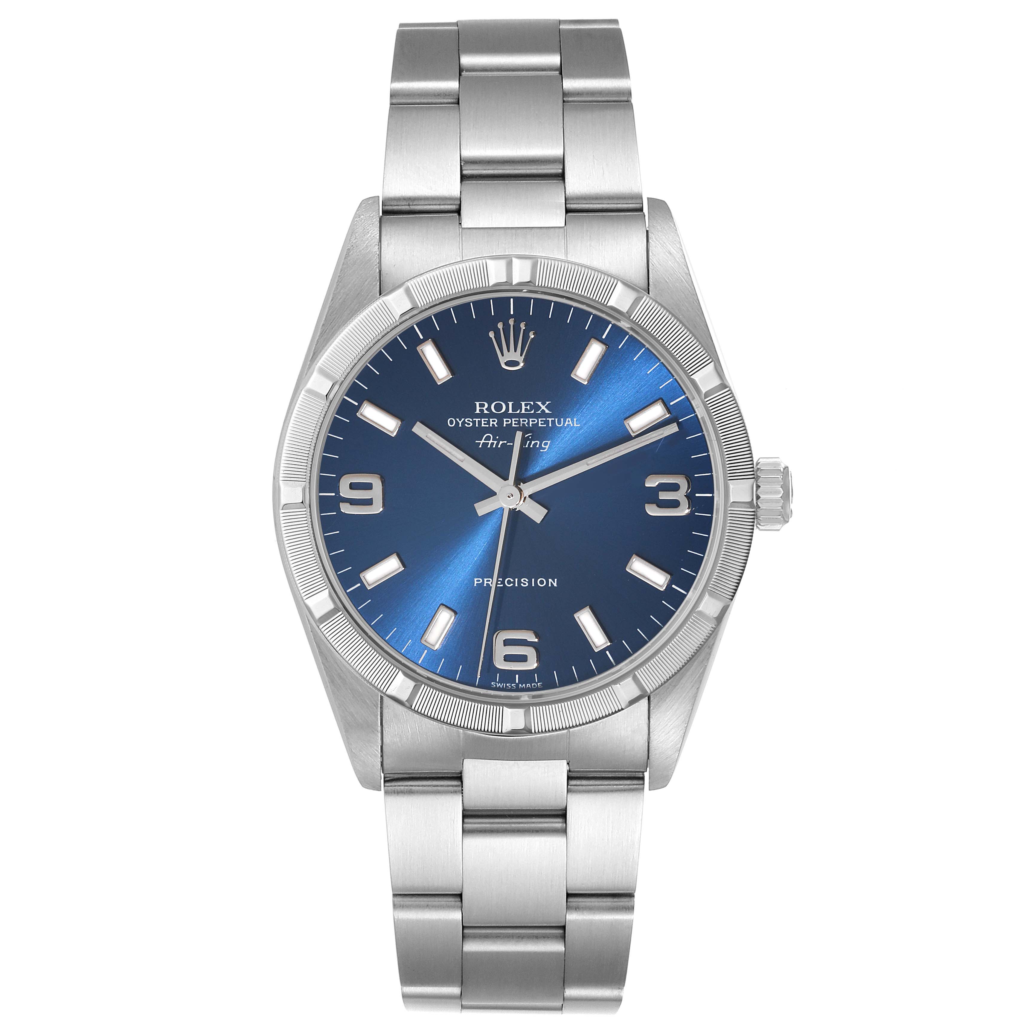 The image displays a front view of a Rolex Air-King 14010 Men's Stainless Steel Blue Dial 14010 Men's Stainless Steel Blue Dial watch, showcasing its blue dial, bezel, crown, and stainless steel bracelet.