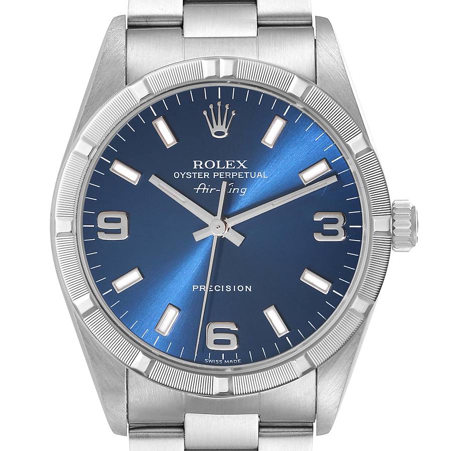 Rolex Air King Blue Dial Engine Turned Bezel Steel Mens Watch 14010 Box Papers SwissWatchExpo