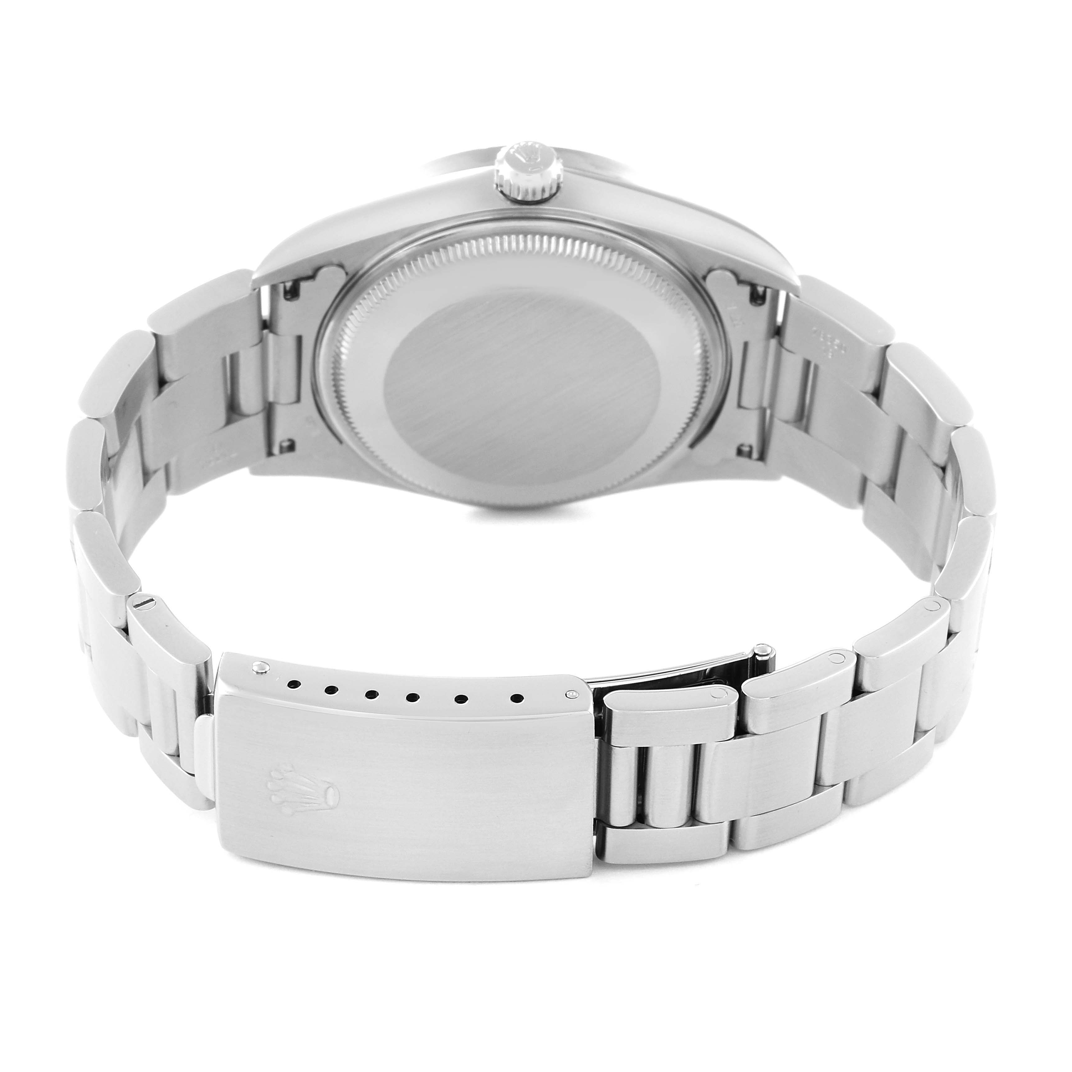 The image shows the back view of a Rolex Air-King 14010 Men's Stainless Steel Blue Dial 14010 Men's Stainless Steel Blue Dial watch, displaying the case back, bracelet, and clasp.