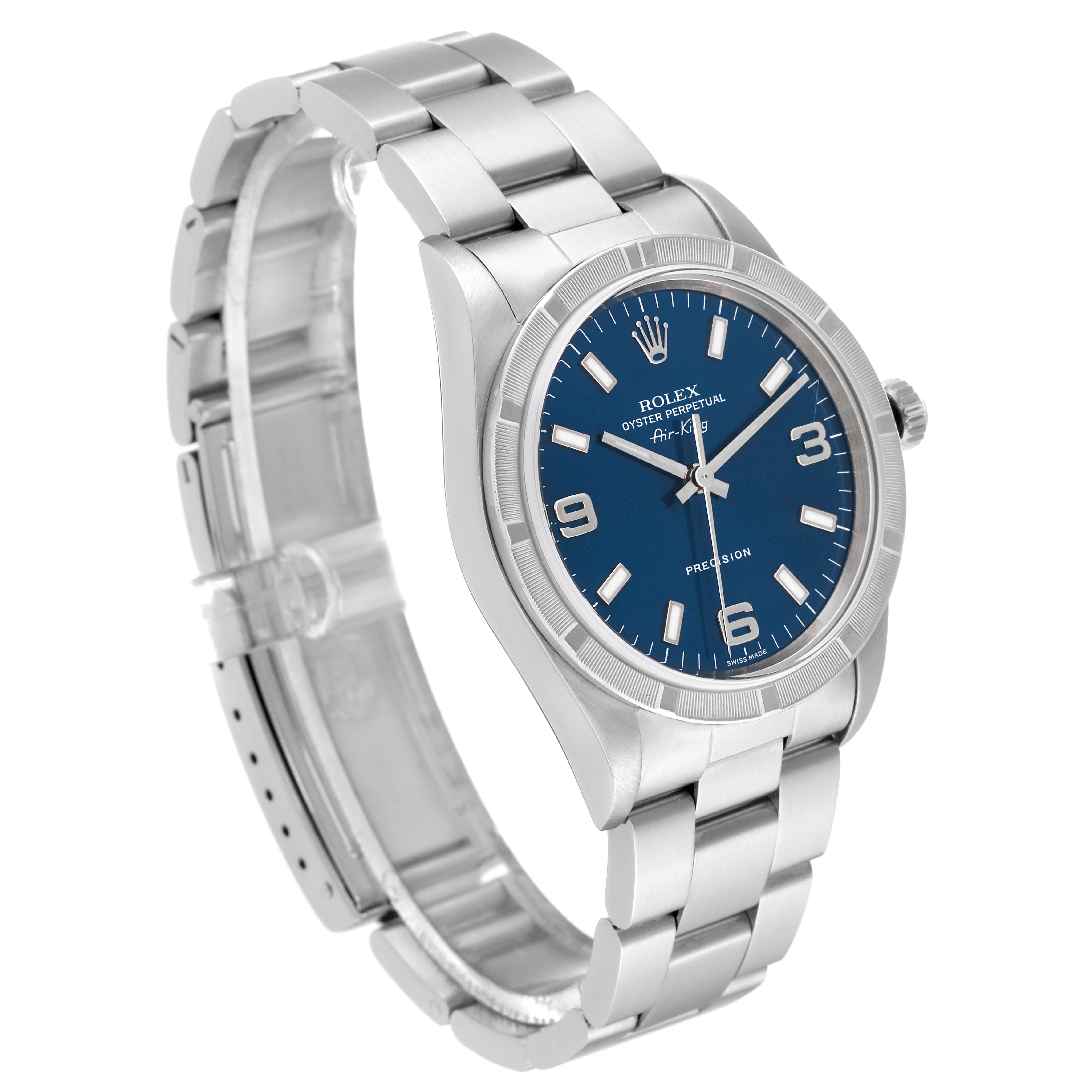 This image shows a Rolex Air-King 14010 Men's Stainless Steel Blue Dial 14010 Men's Stainless Steel Blue Dial watch from a front angle, highlighting its face, bezel, crown, and bracelet.