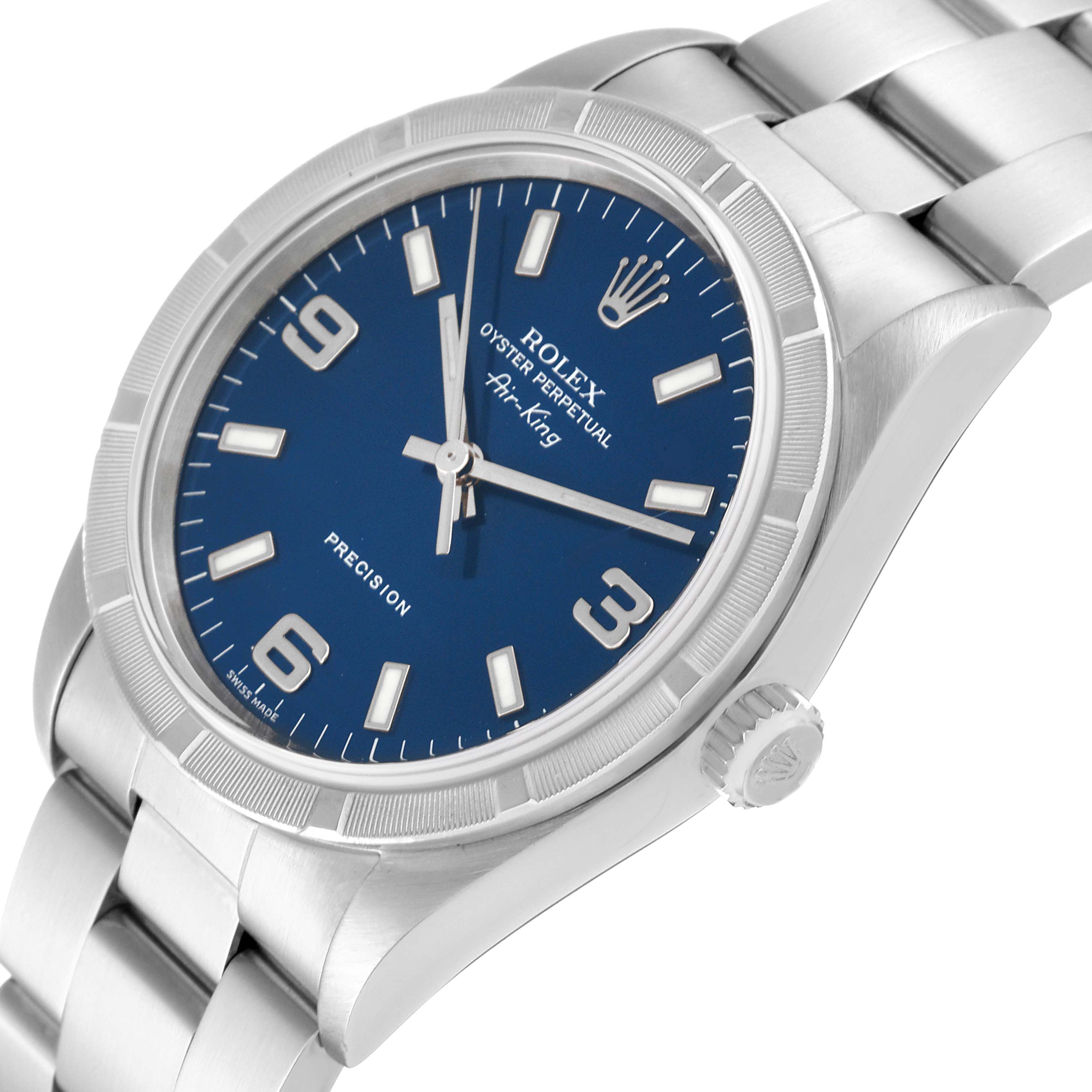 The Rolex Air-King 14010 Men's Stainless Steel Blue Dial 14010 Men's Stainless Steel Blue Dial watch is shown at an angle highlighting the face, crown, and part of the bracelet.