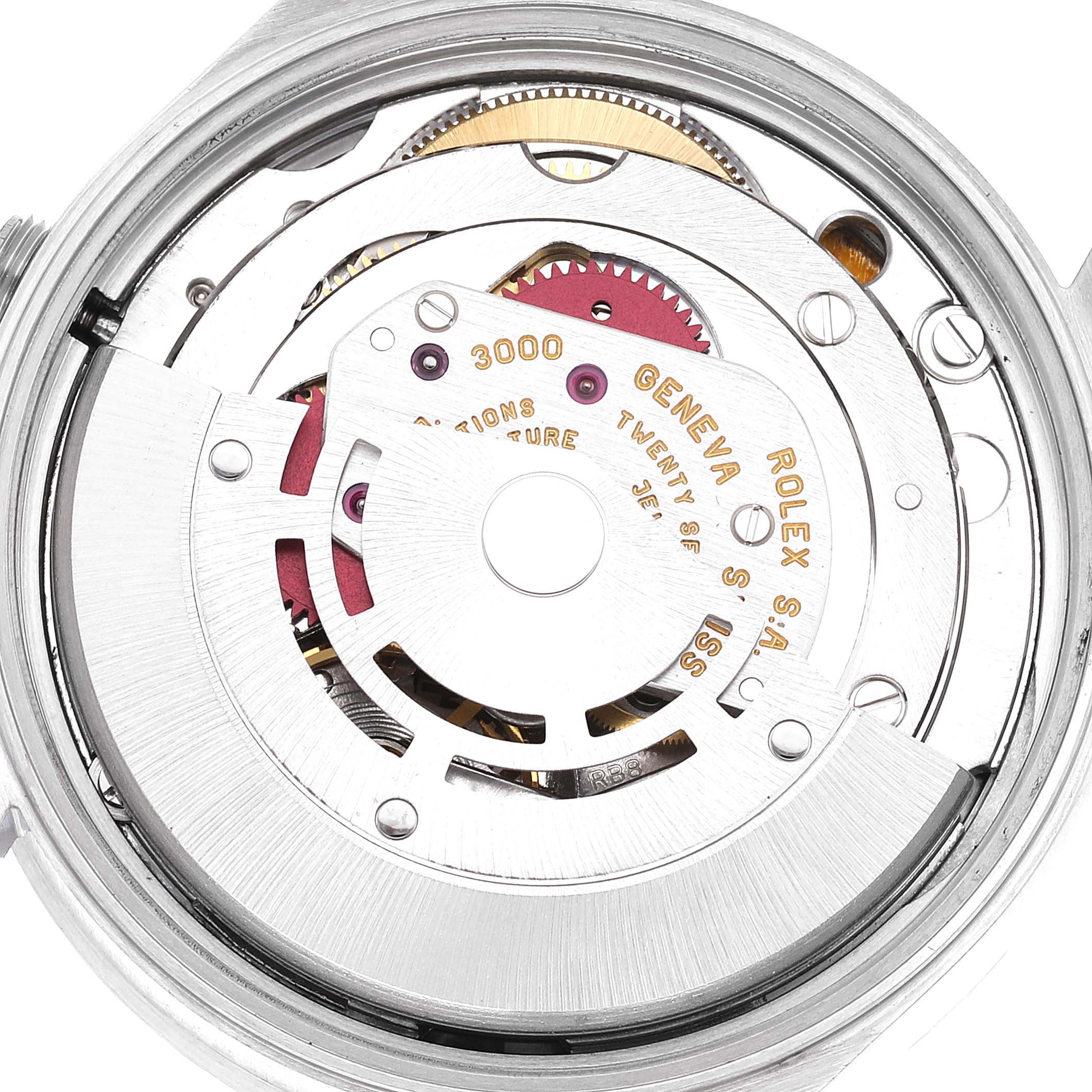 The image shows the internal mechanism of a Rolex Air-King 14010 Men's Stainless Steel Blue Dial 14010 Men's Stainless Steel Blue Dial watch, focusing on its movement and intricate components.