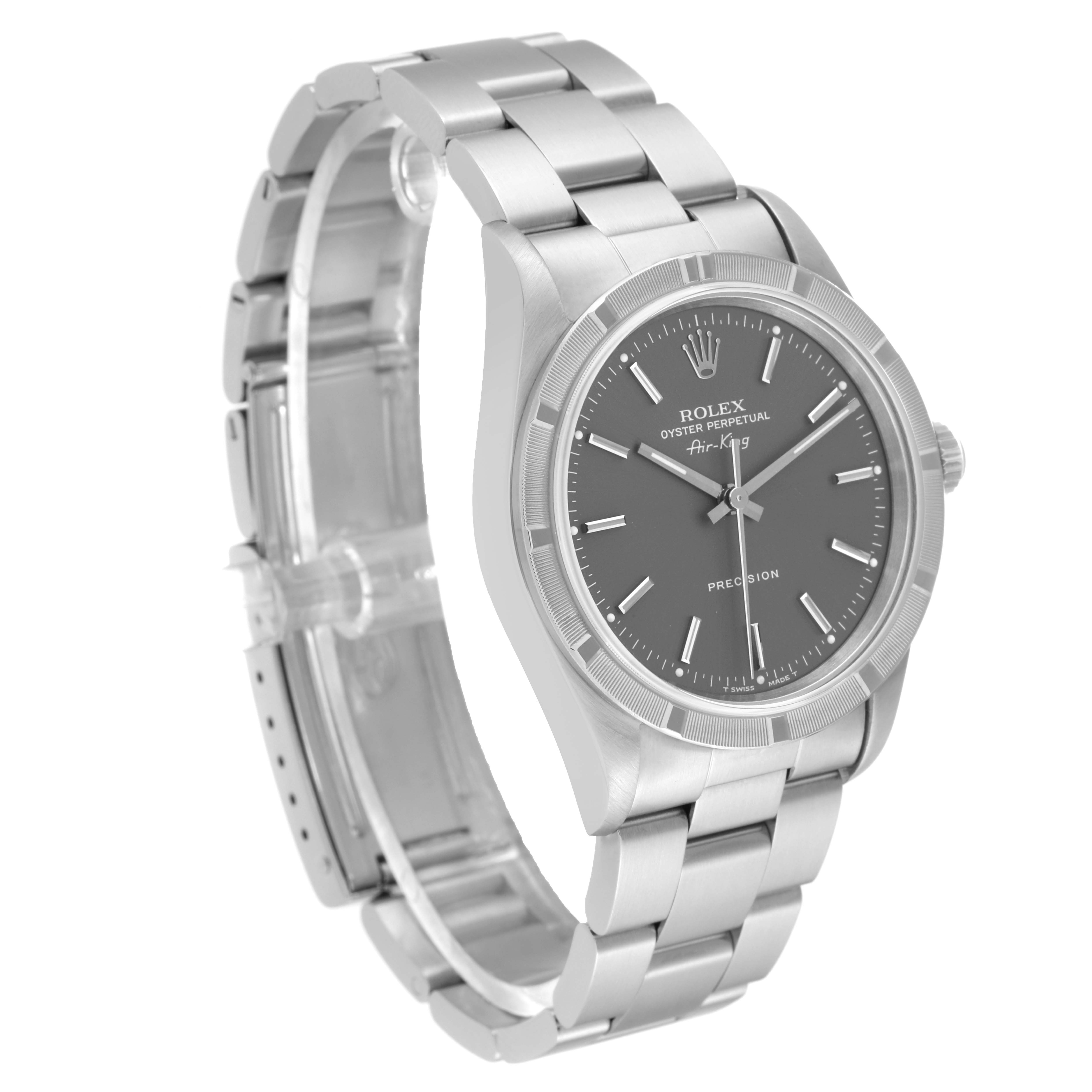 The Rolex Air-King 14010 Men's Stainless Steel Grey Dial 14010 Men's Stainless Steel Grey Dial watch is shown at a three-quarter angle, displaying the face, case, bracelet, and crown.