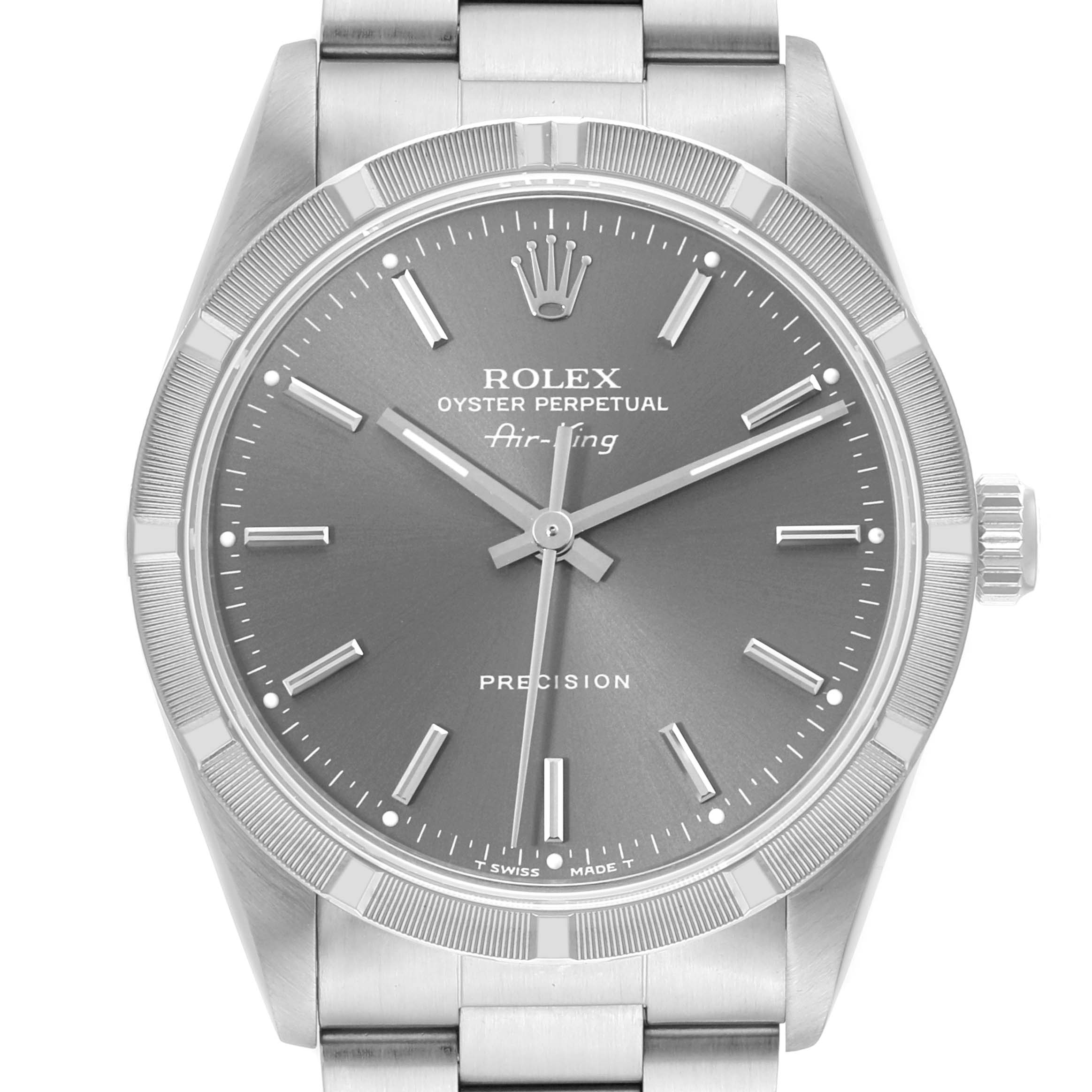 The image shows a front view of an Air-King model by Rolex, featuring its dial, bezel, crown, and a portion of the bracelet.