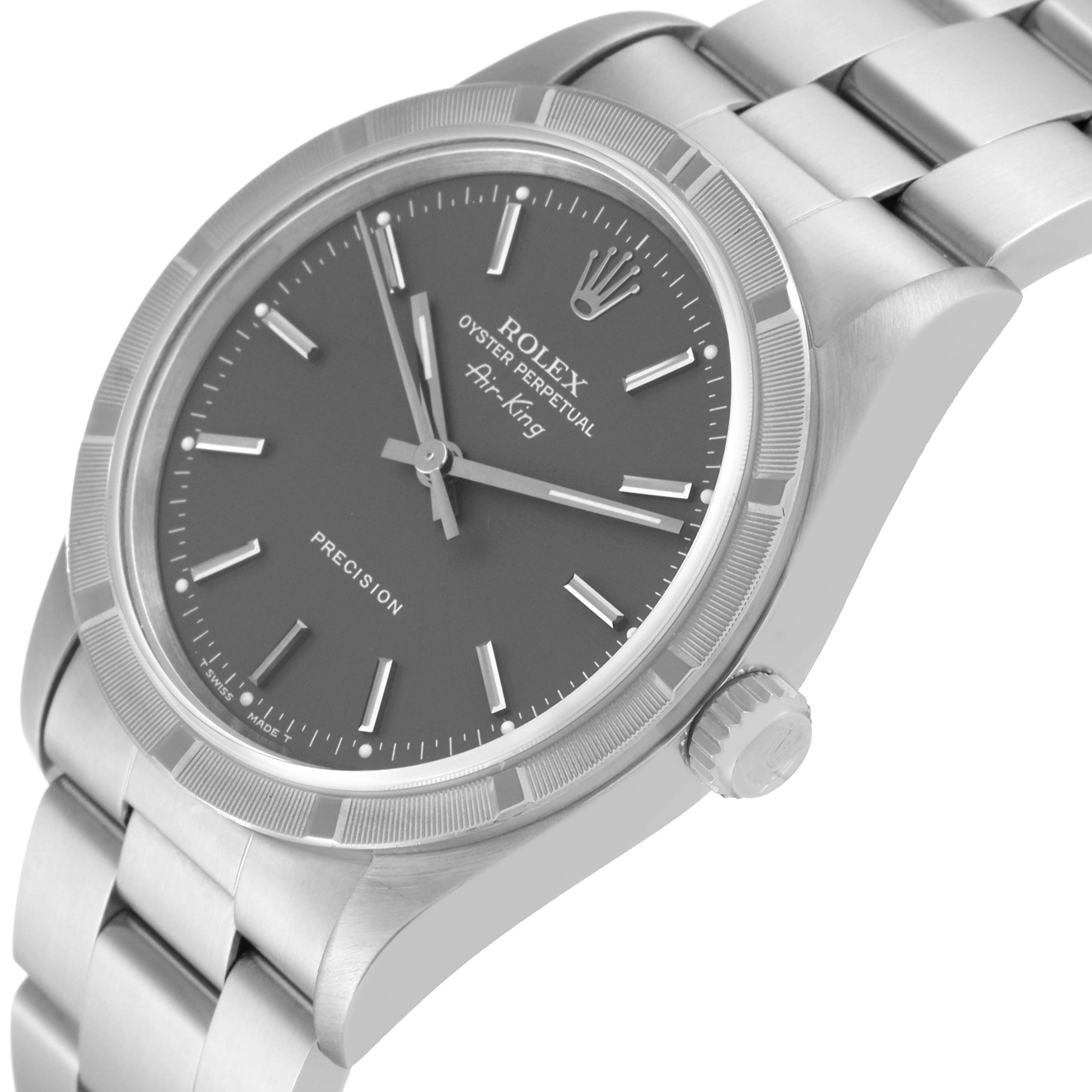 The image shows a Rolex Air-King 14010 Men's Stainless Steel Grey Dial 14010 Men's Stainless Steel Grey Dial watch from a slightly tilted angle, highlighting the face, bezel, crown, and part of the bracelet.