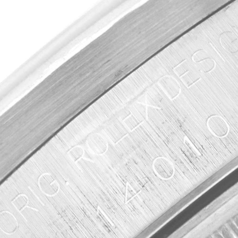 This image shows a close-up of the engraved details on the side of the Rolex Air-King 14010 Men's Stainless Steel Grey Dial 14010 Men's Stainless Steel Grey Dial watch case.