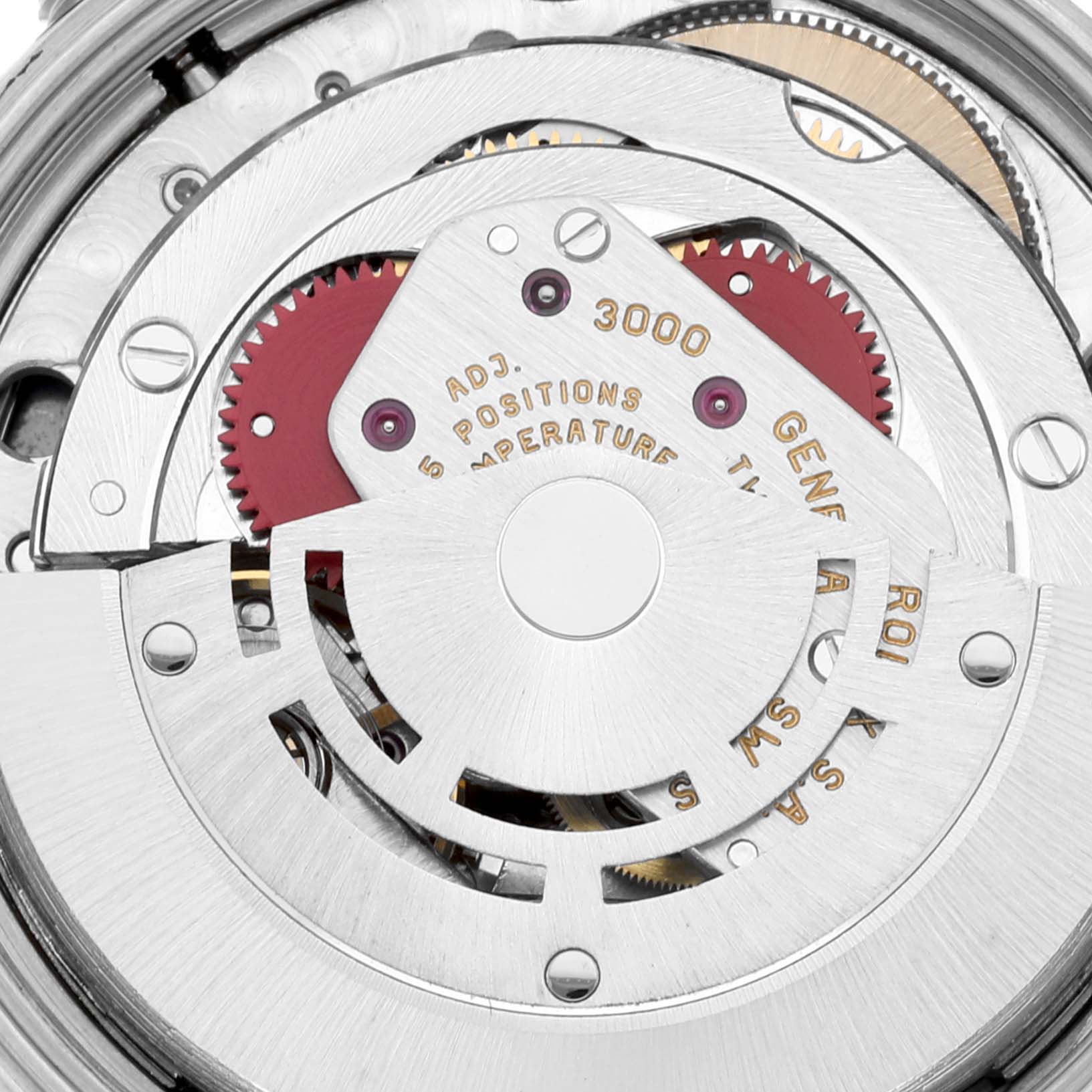 The image shows a close-up view of the Rolex Air-King 14010 Men's Stainless Steel Grey Dial 14010 Men's Stainless Steel Grey Dial's internal mechanics, highlighting gears and detailed mechanisms.