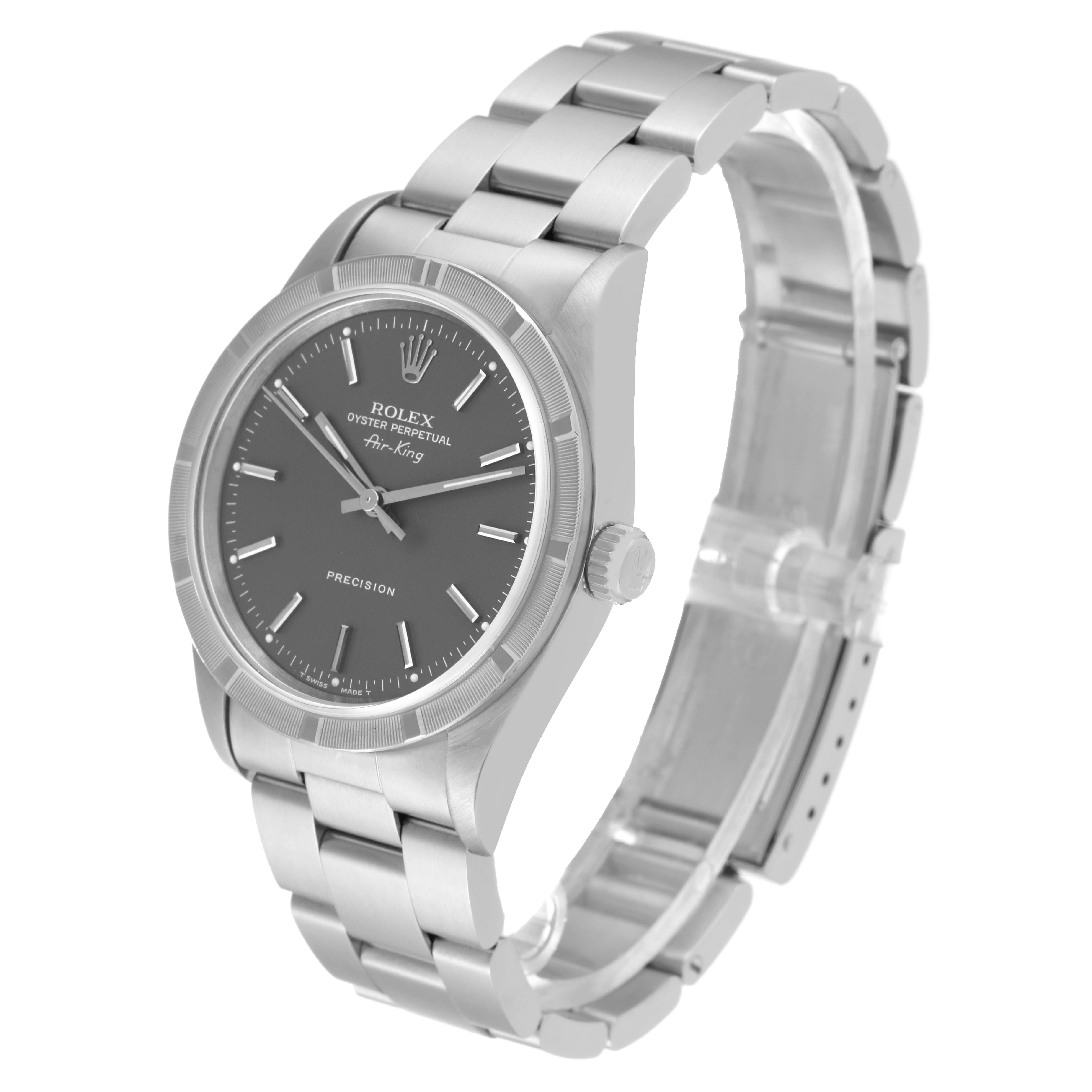 The image shows a Rolex Air-King 14010 Men's Stainless Steel Grey Dial 14010 Men's Stainless Steel Grey Dial watch at a slight angle, displaying the face, bezel, crown, and metal bracelet.