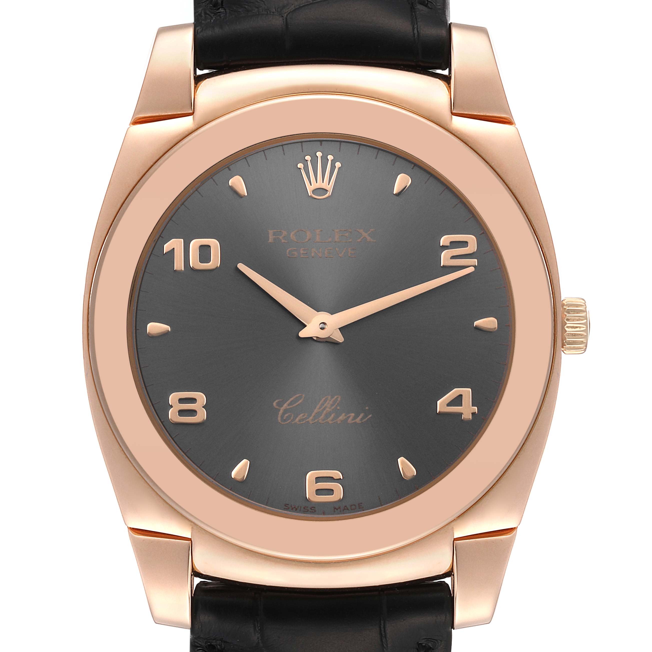 The Rolex Cellini 5330 Men's Rose Gold Grey Dial 5330 Men's Rose Gold Grey Dial watch is shown from the front, displaying its dial, markers, hands, case, crown, and leather strap.
