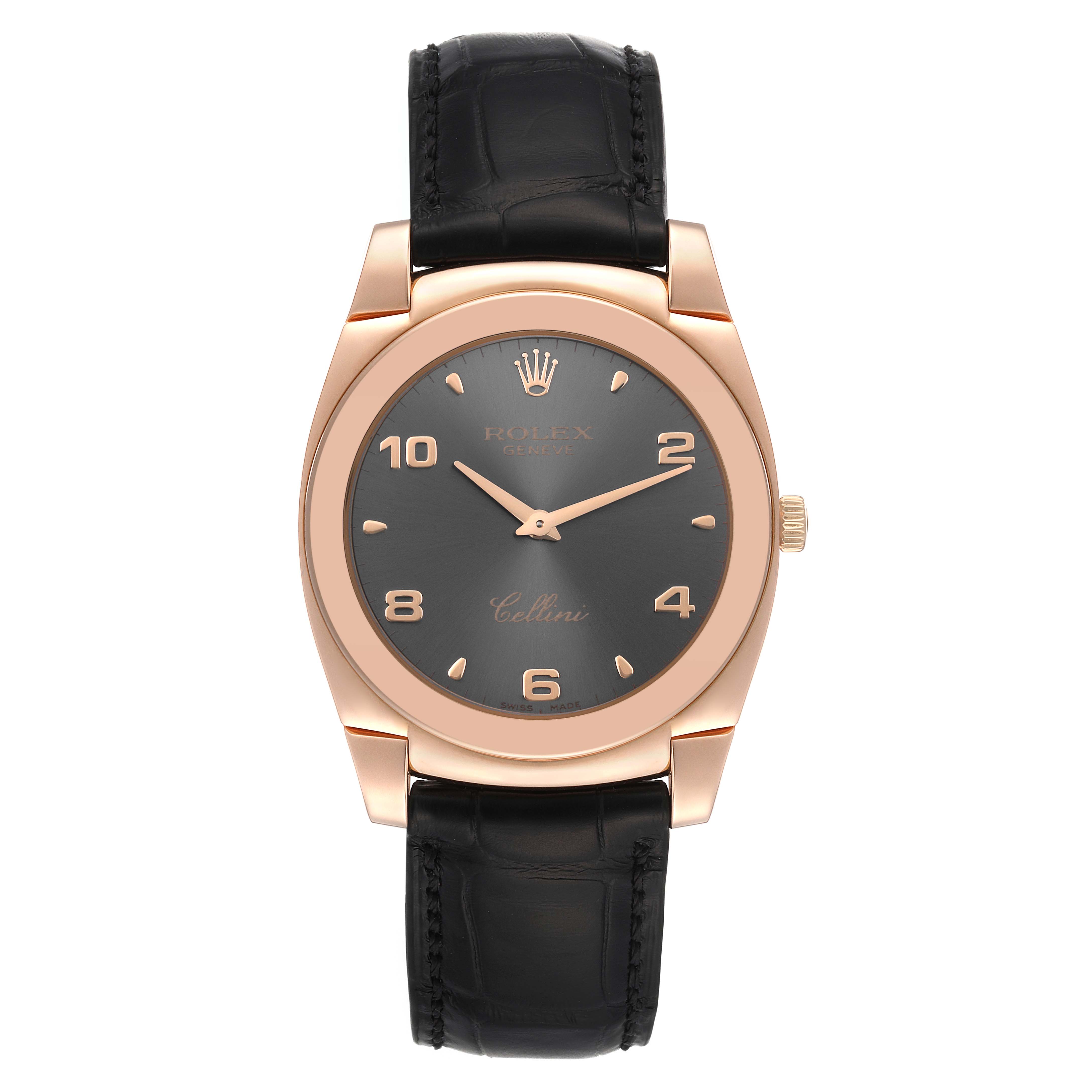The image shows a front view of a Rolex Cellini 5330 Men's Rose Gold Grey Dial 5330 Men's Rose Gold Grey Dial watch, featuring a black leather strap and a black dial with gold numerals.