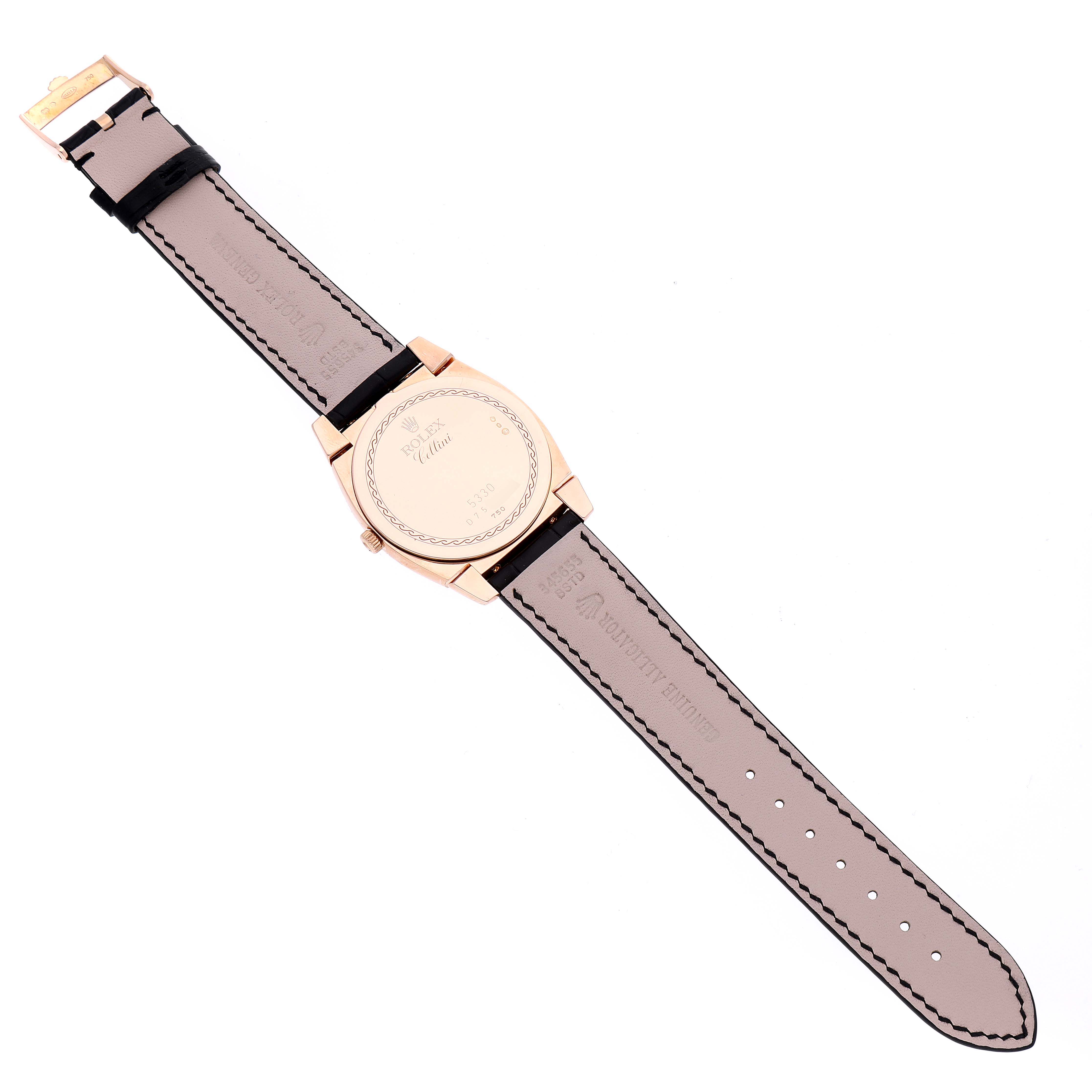 The image shows the back view of a Rolex Cellini 5330 Men's Rose Gold Grey Dial 5330 Men's Rose Gold Grey Dial watch, displaying the case back and leather strap.