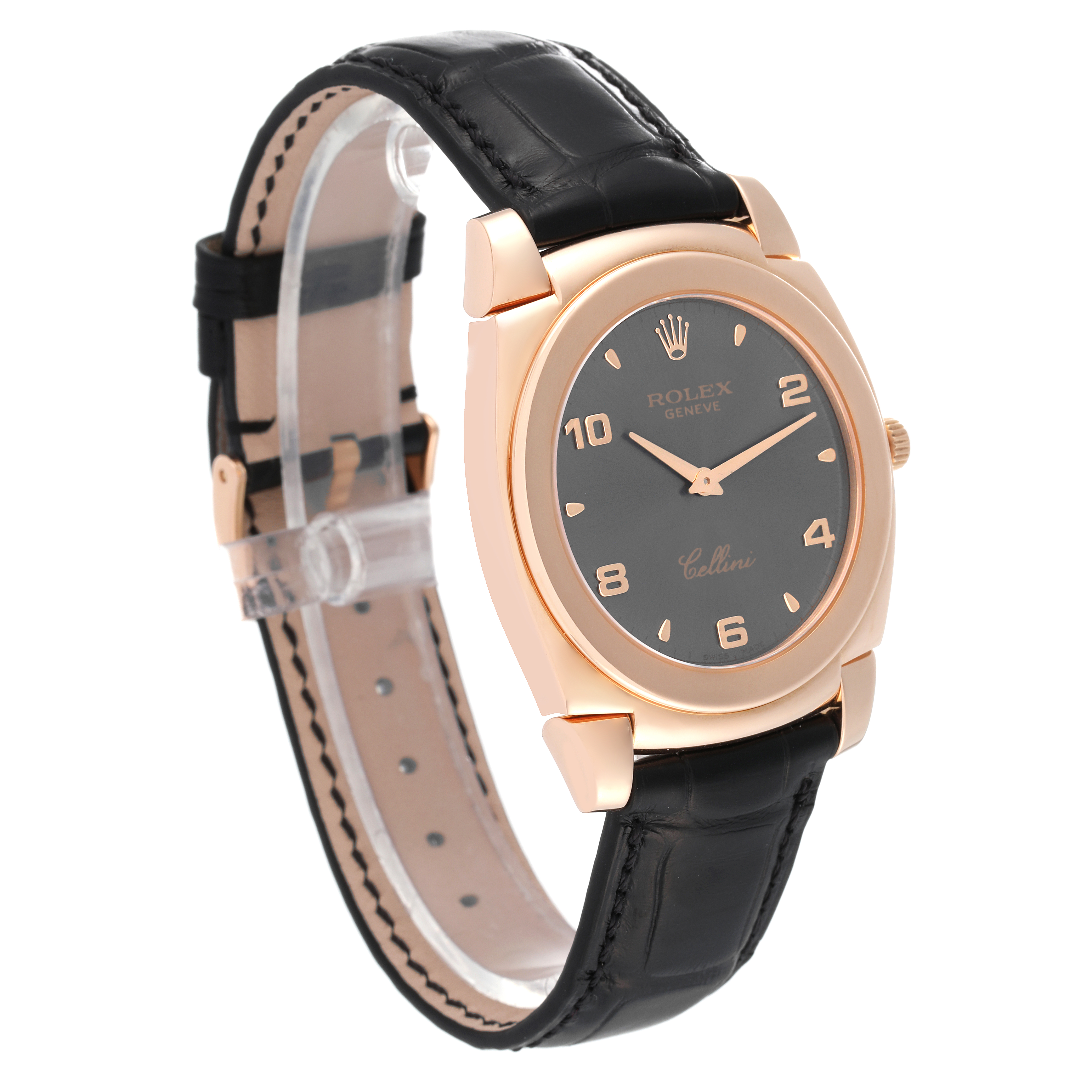 The Rolex Cellini 5330 Men's Rose Gold Grey Dial 5330 Men's Rose Gold Grey Dial watch is shown at an angled side view, displaying the face, case, and black leather strap.
