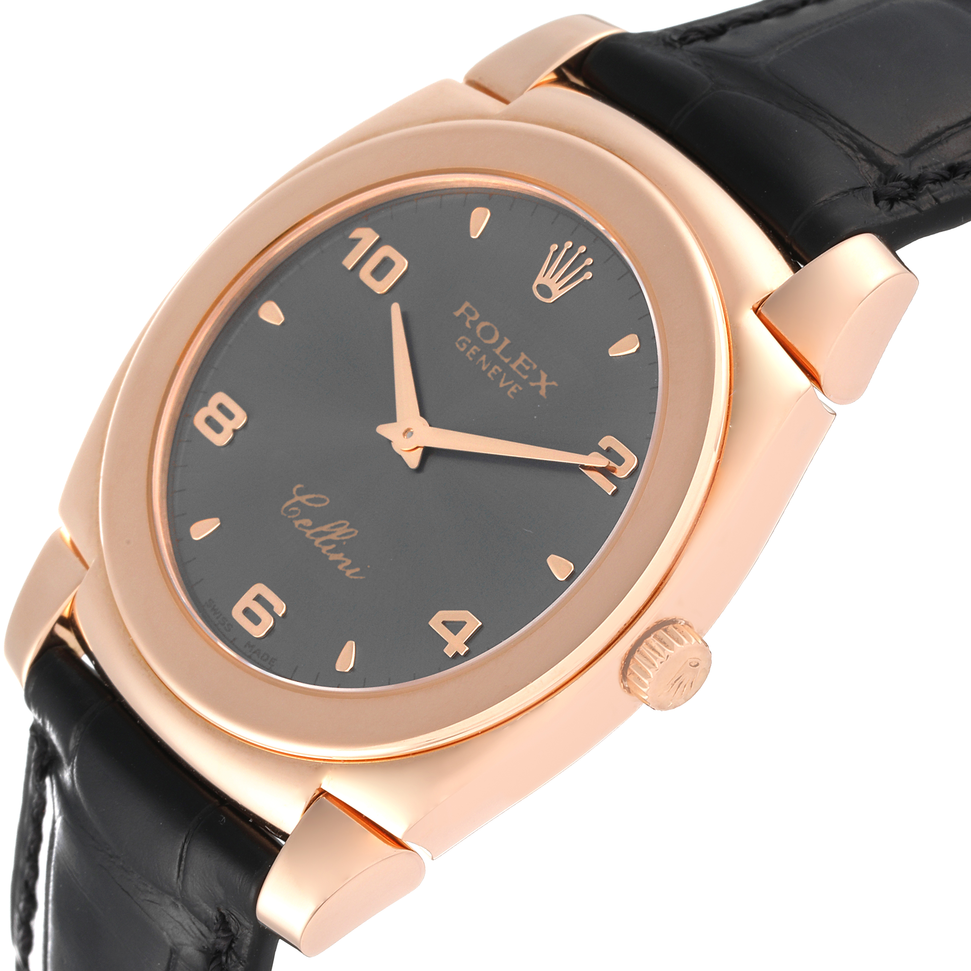 This image shows the face, crown, and part of the strap of a Rolex Cellini 5330 Men's Rose Gold Grey Dial 5330 Men's Rose Gold Grey Dial watch at an angled view.