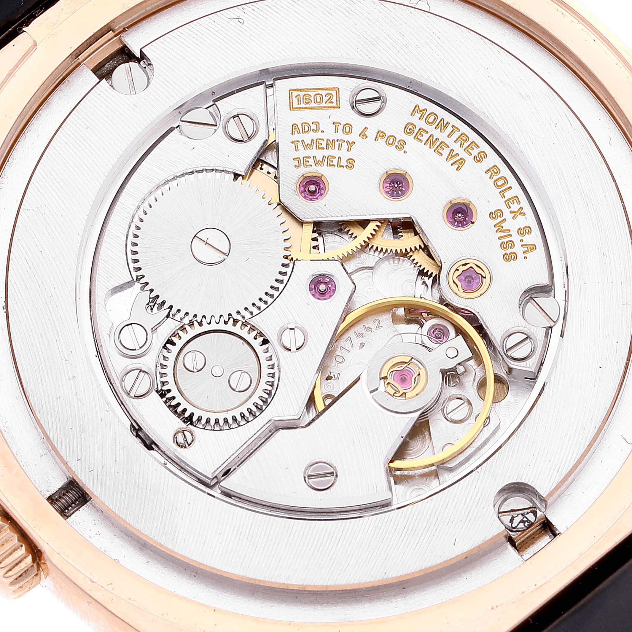This image shows the back side of a Rolex Cellini 5330 Men's Rose Gold Grey Dial 5330 Men's Rose Gold Grey Dial watch, revealing its intricate mechanical movement.