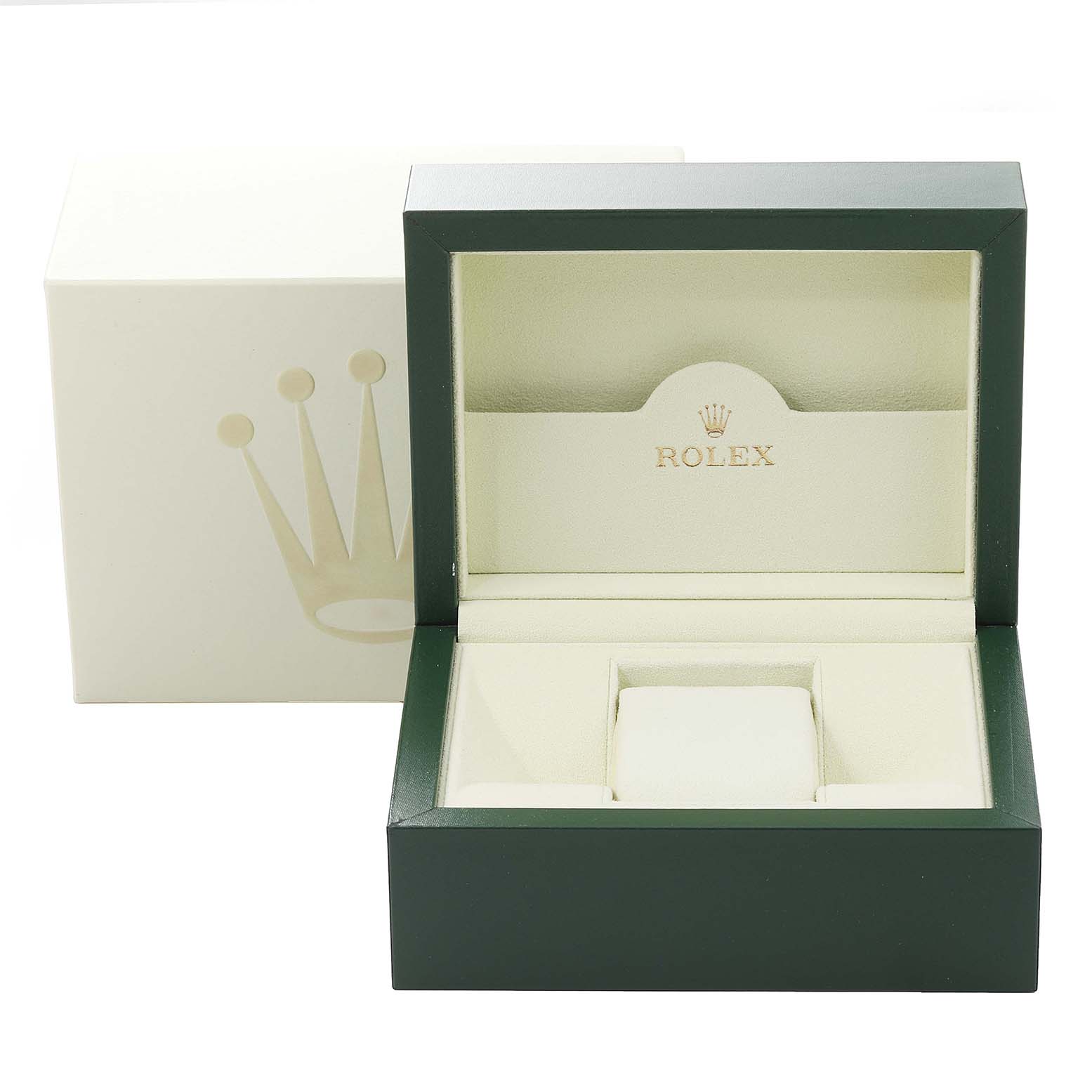 Pictured is an empty Rolex Cellini 5330 Men's Rose Gold Grey Dial 5330 Men's Rose Gold Grey Dial watch box, shown from the front with both the box and its lid open.