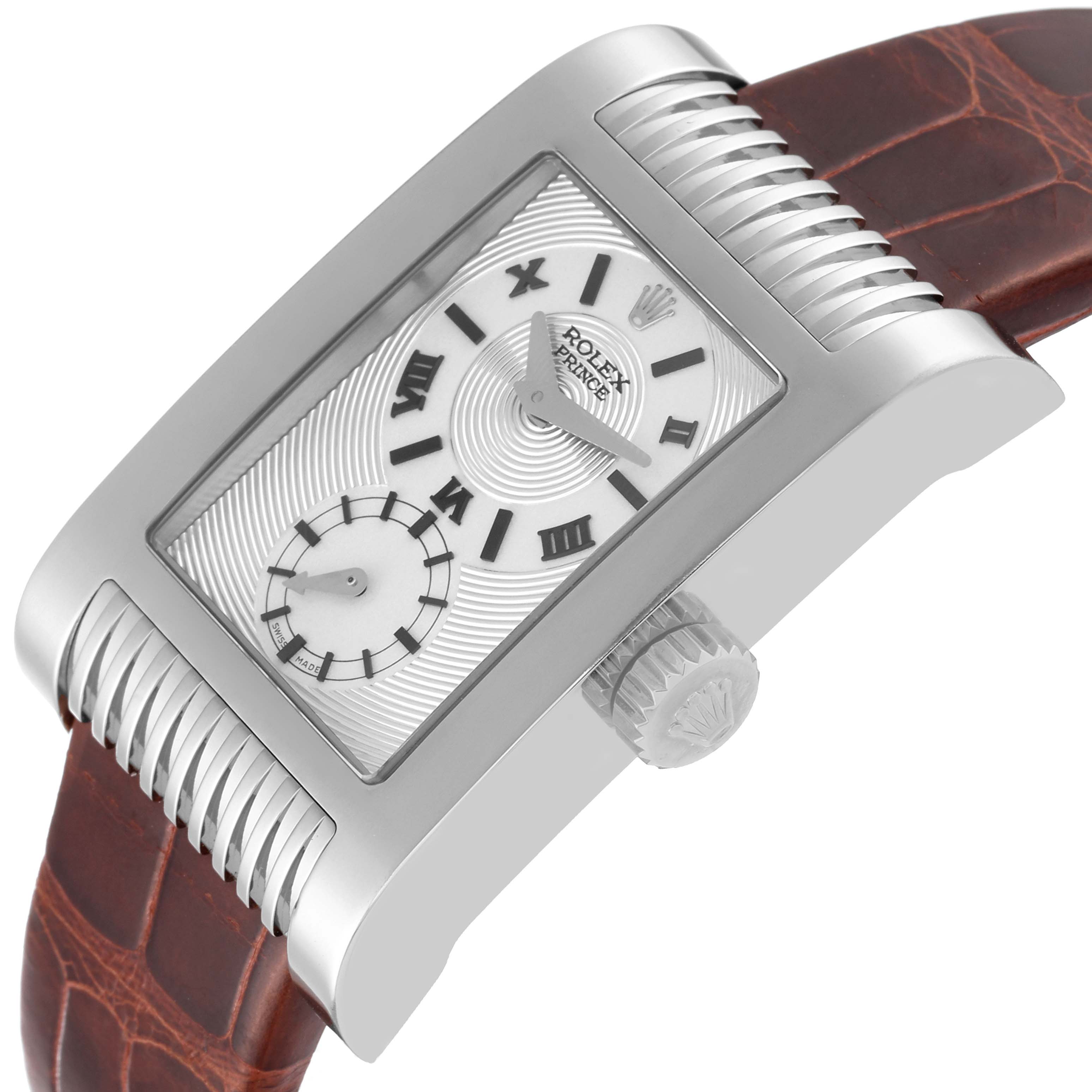 The image shows a close-up angled view of the Rolex Cellini 5441/9 Men's White Gold Silver Dial 5441/9 Men's White Gold Silver Dial Prince watch, highlighting its dial, crown, and leather strap.