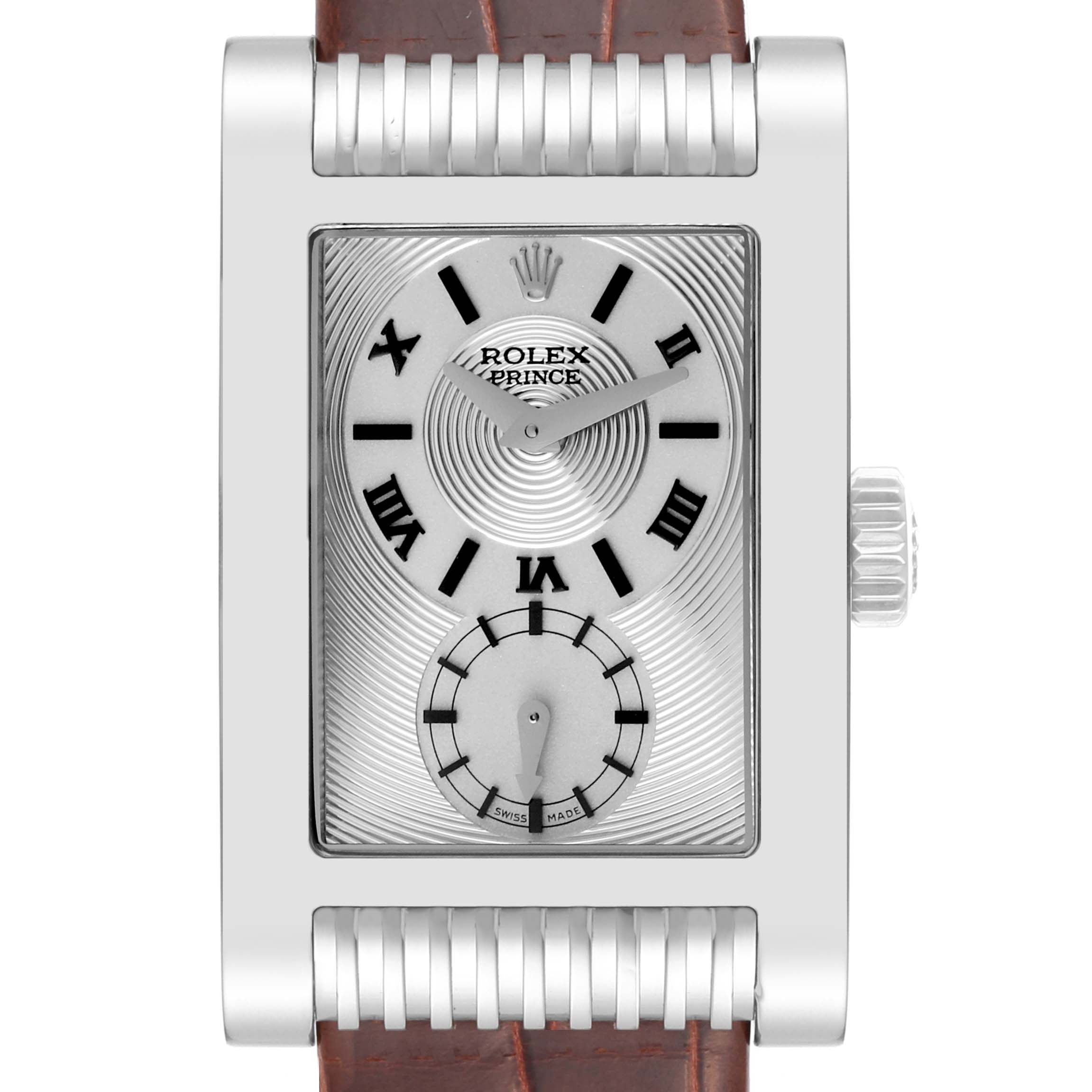 The image shows a front view of a Rolex Cellini 5441/9 Men's White Gold Silver Dial 5441/9 Men's White Gold Silver Dial Prince watch, showcasing the dial and leather strap.