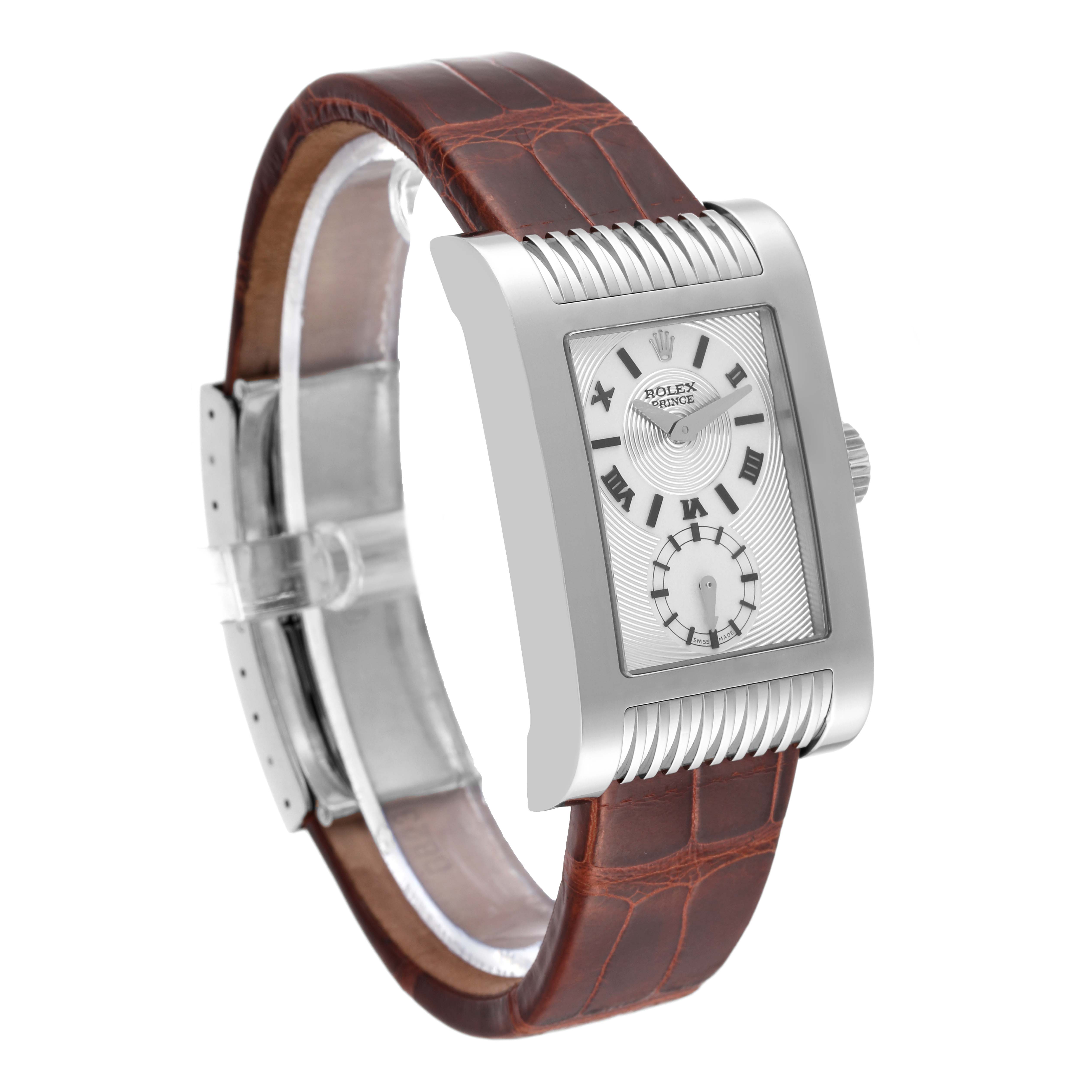 The Rolex Cellini 5441/9 Men's White Gold Silver Dial 5441/9 Men's White Gold Silver Dial watch is shown at a 3/4 angle, displaying the dial, case, crown, and leather strap.