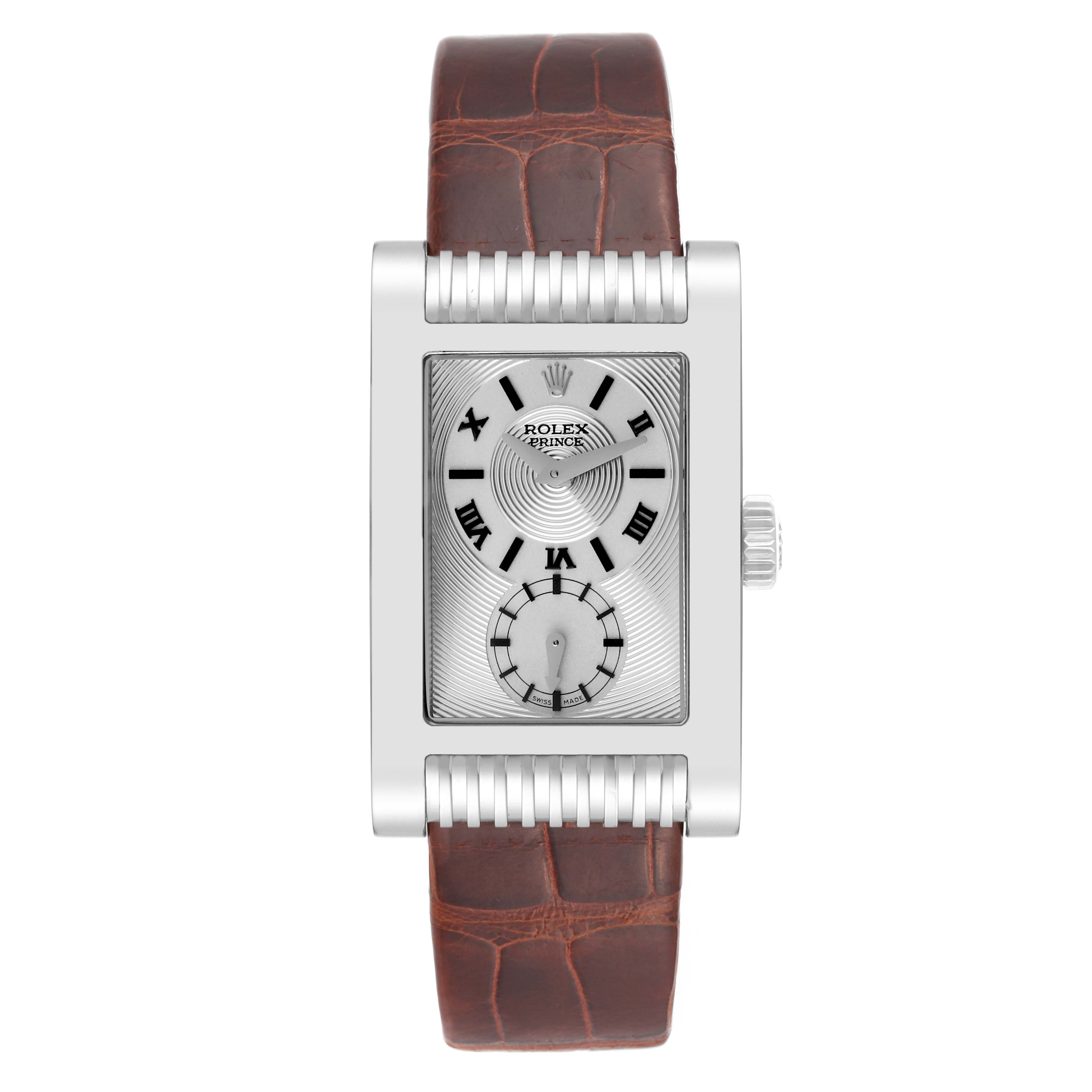 The image shows a front view of a Rolex Cellini 5441/9 Men's White Gold Silver Dial 5441/9 Men's White Gold Silver Dial model watch displaying its face, dial, crown, and leather strap.