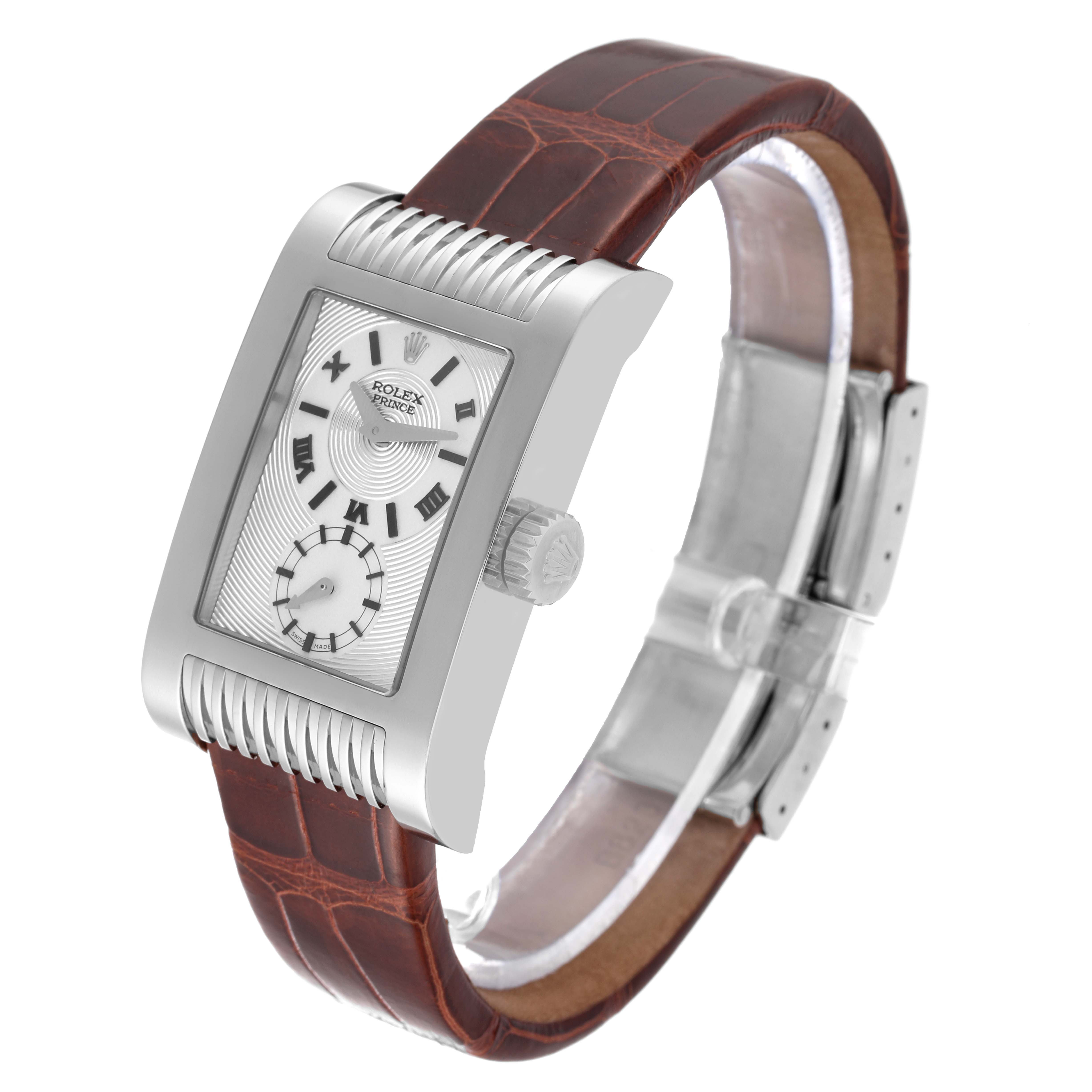 This image shows a Rolex Cellini 5441/9 Men's White Gold Silver Dial 5441/9 Men's White Gold Silver Dial watch at a slight angle, highlighting its rectangular face, dial, crown, and brown leather strap.