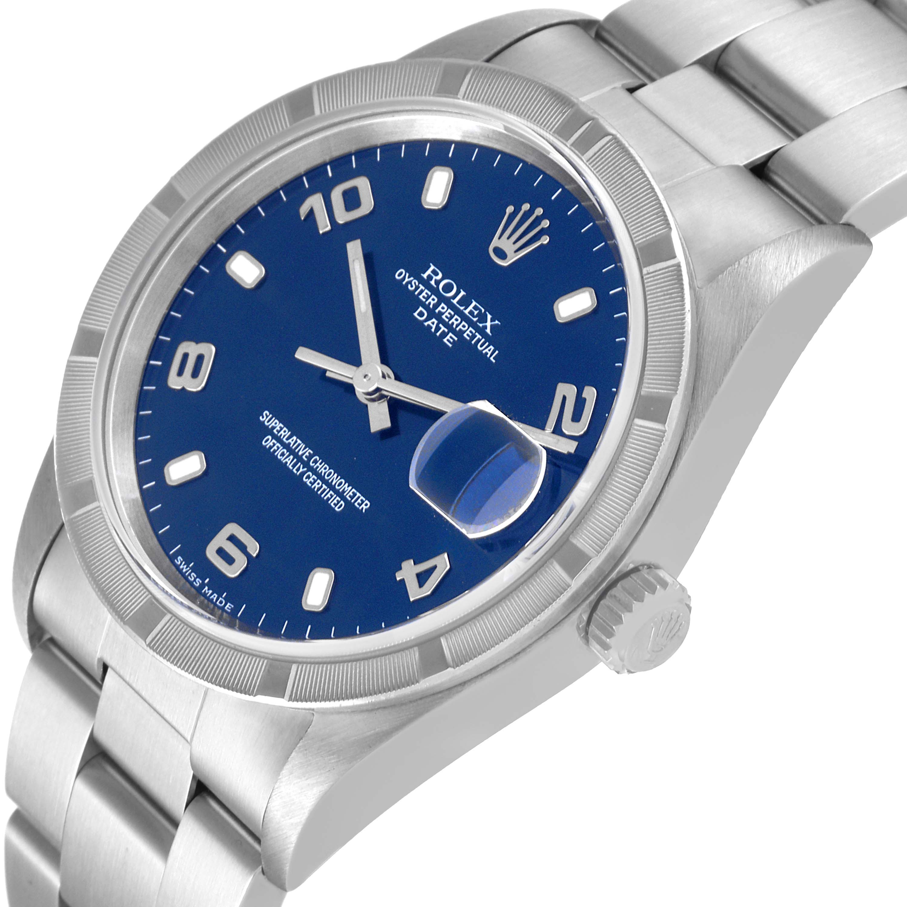 This image shows a side angle of the Rolex Date 15210 Men
s Stainless Steel Blue Dial 15210 Men
s Stainless Steel Blue Dial model watch, highlighting the dial, bezel, crown, and part of the bracelet.