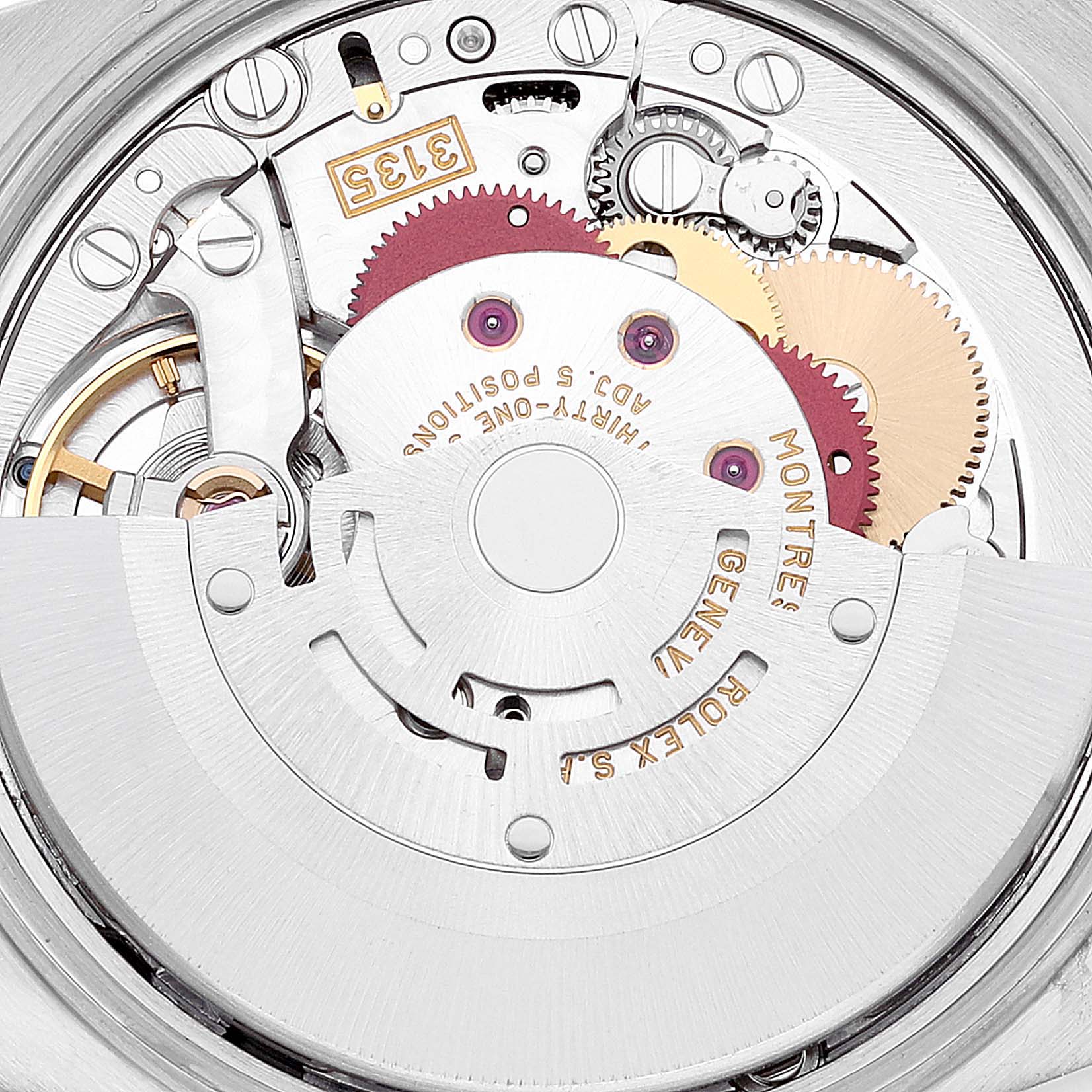 This is a close-up view of the movement mechanism of a Rolex Date 15210 Men
s Stainless Steel Blue Dial 15210 Men
s Stainless Steel Blue Dial model watch, showing intricate gears and components.
