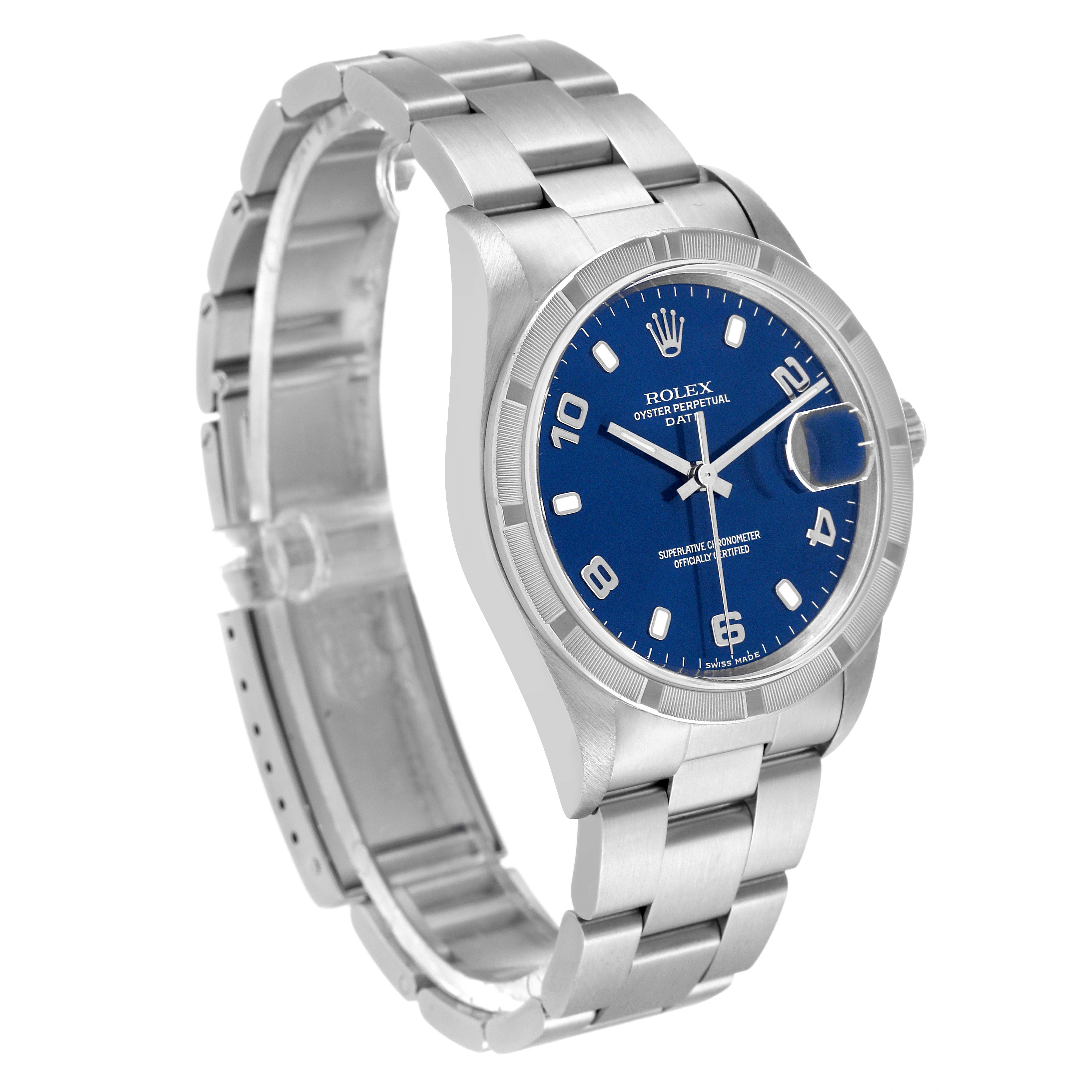 The Rolex Date 15210 Men
s Stainless Steel Blue Dial 15210 Men
s Stainless Steel Blue Dial model watch is shown at an angle displaying the face, bezel, crown, lugs, and bracelet.