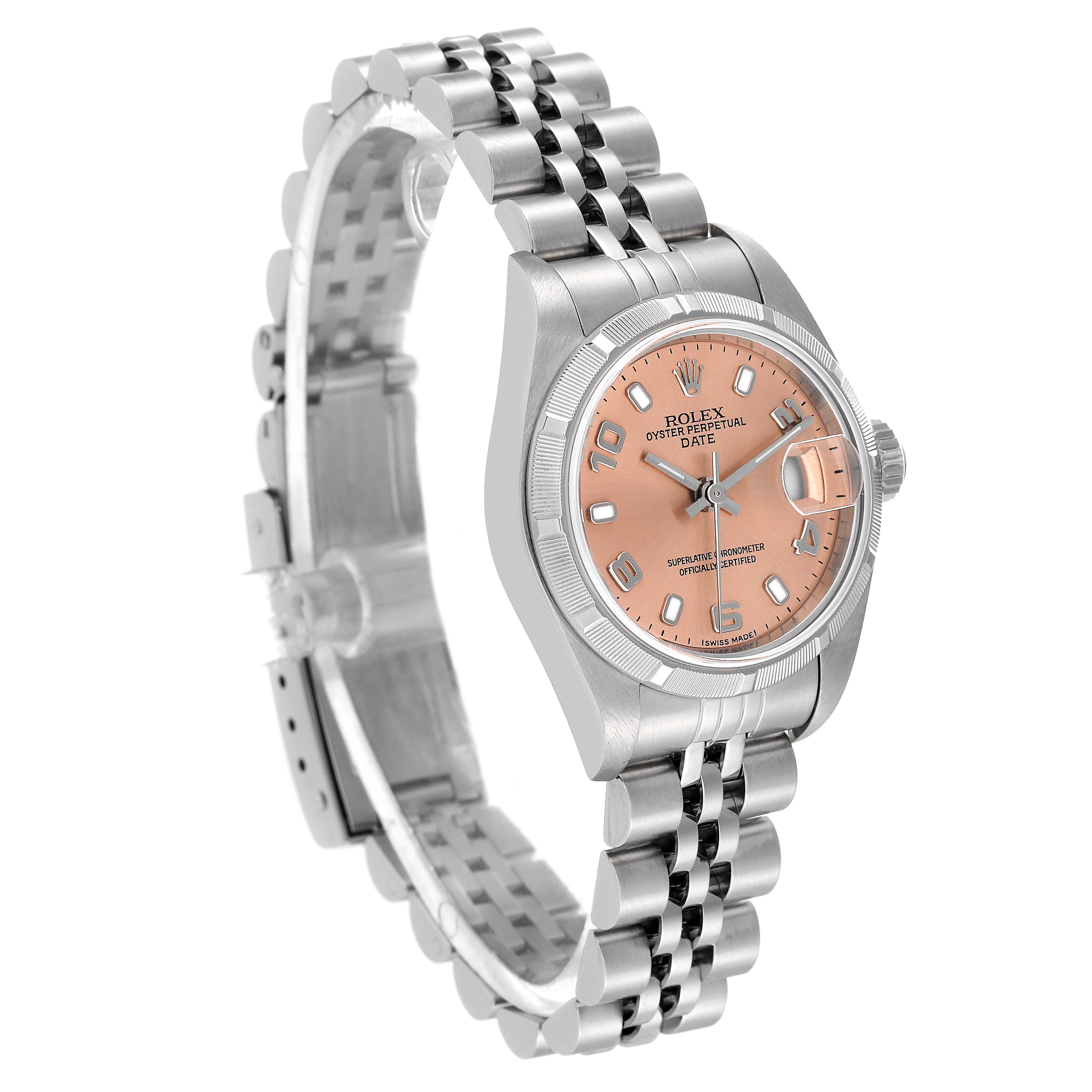 This image shows a Rolex Date 79190 Women
s Stainless Steel Pink Dial 79190 Women
s Stainless Steel Pink Dial watch model at a three-quarter angle, highlighting the bracelet, dial, and crown.