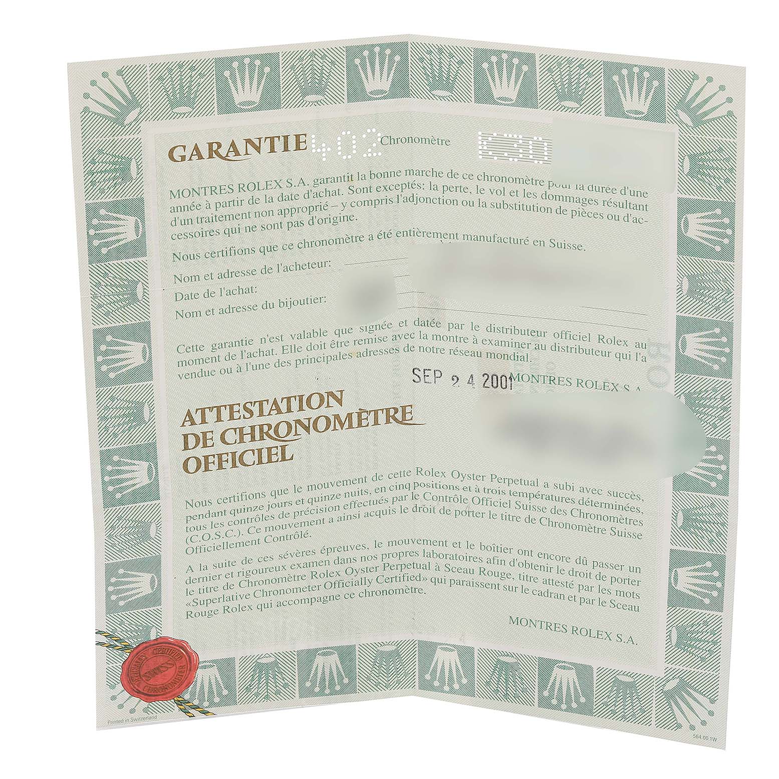 The image shows a warranty certificate for a Rolex Date 79190 Women
s Stainless Steel Pink Dial 79190 Women
s Stainless Steel Pink Dial model, angled slightly open with visible text and Rolex logos.