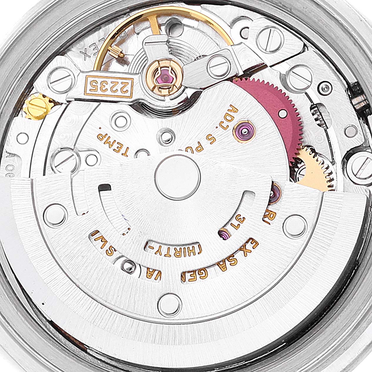 This image shows the internal movement mechanism of a Rolex Date 79190 Women
s Stainless Steel Pink Dial 79190 Women
s Stainless Steel Pink Dial model watch from a top-down angle.