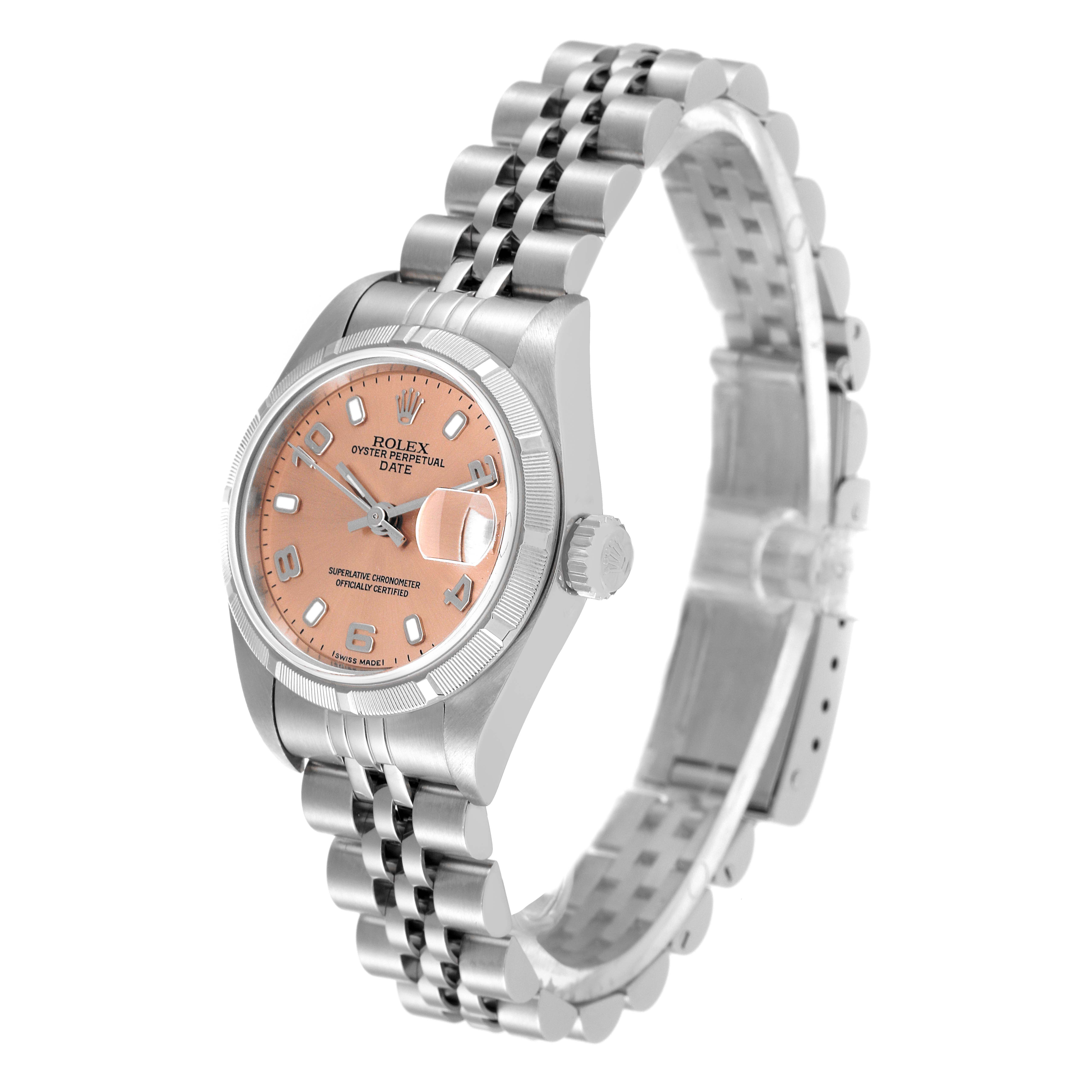 This image shows a Rolex Date 79190 Women
s Stainless Steel Pink Dial 79190 Women
s Stainless Steel Pink Dial watch angled slightly to display the dial, bezel, crown, and bracelet.