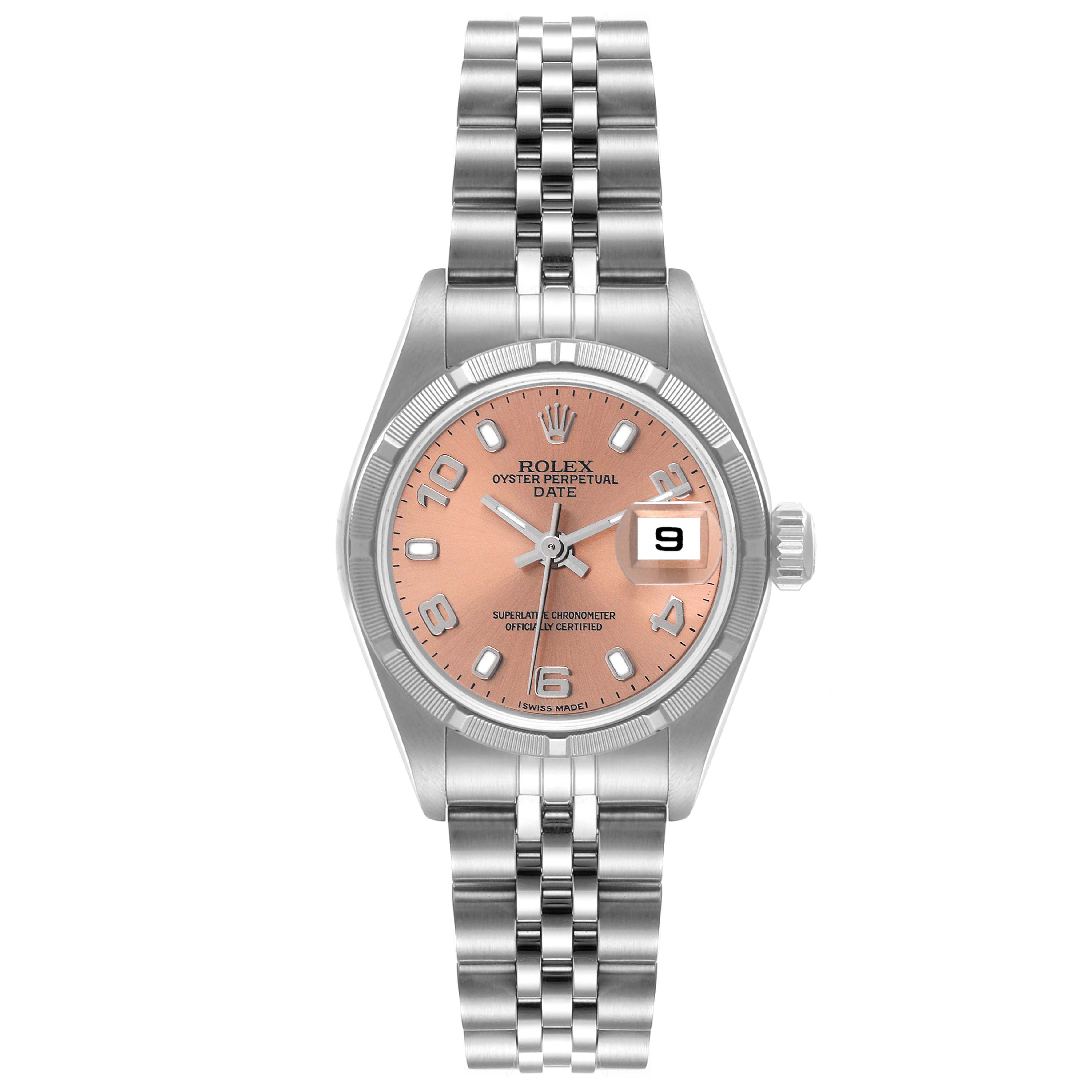 This image shows the Rolex Date 79190 Women
s Stainless Steel Pink Dial 79190 Women
s Stainless Steel Pink Dial model watch from a front angle, displaying the face, case, and bracelet.